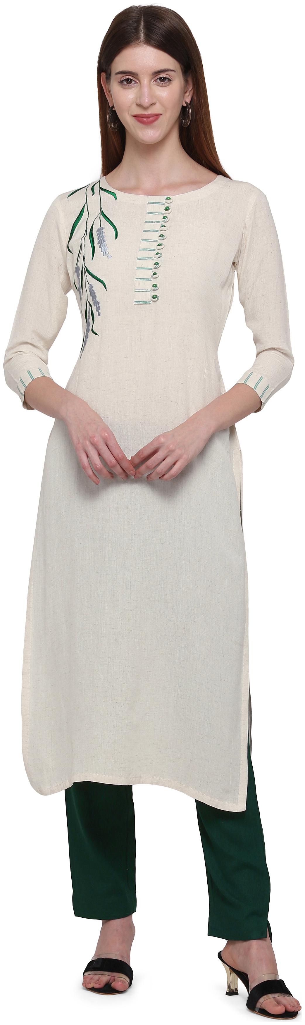 

Elora Women Cotton Embroidered Green Beige Kurti With Pants