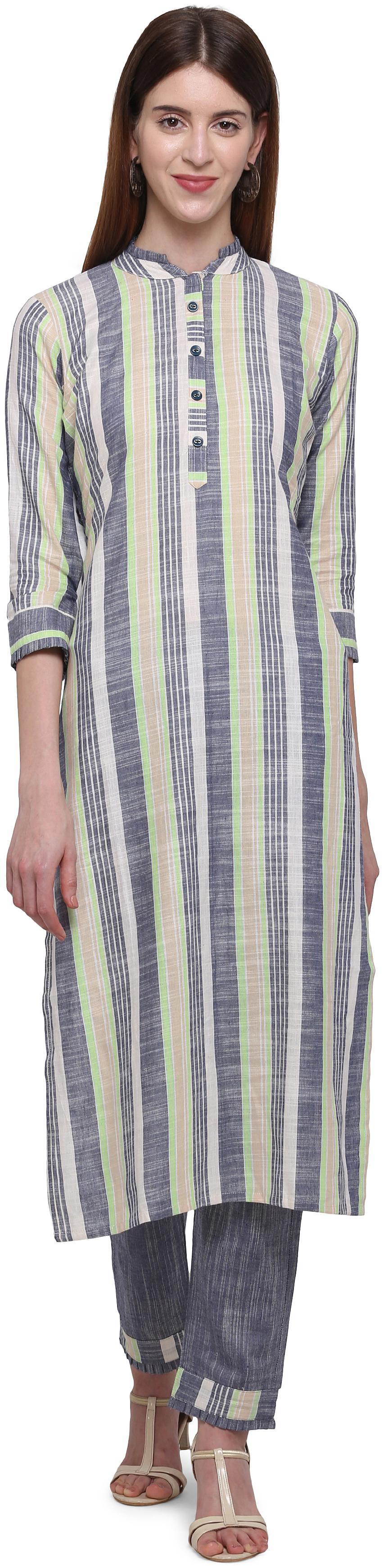

Elora Women Grey Striped Straight Kurti With Pants