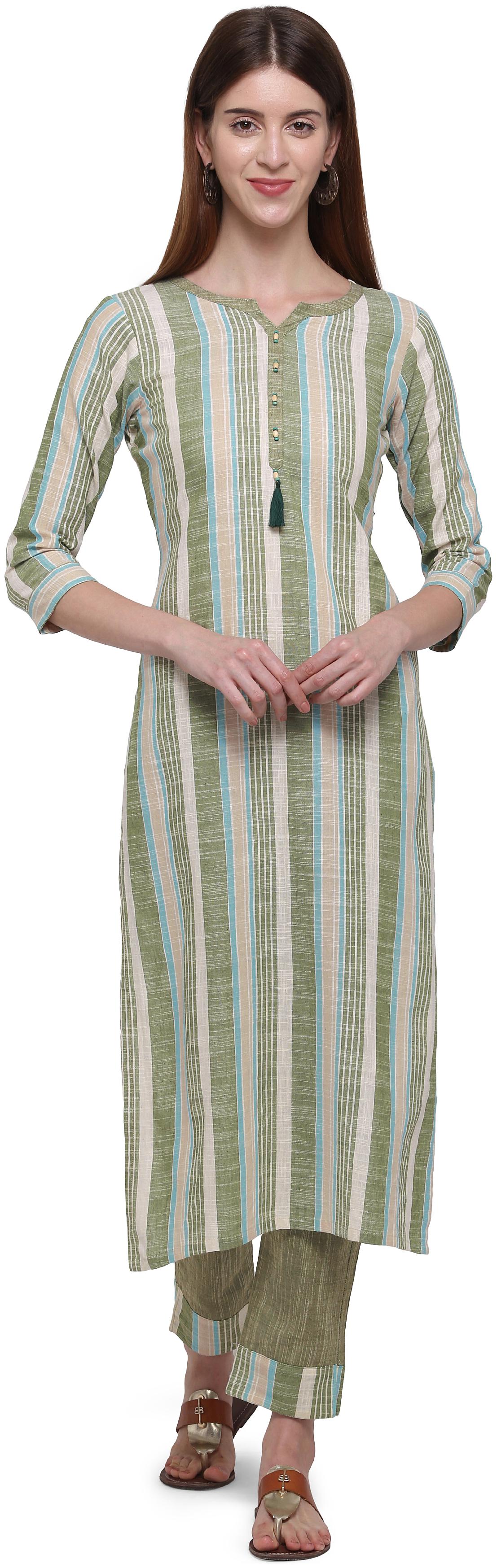 

Elora Women Green Striped Straight Kurti With Pants