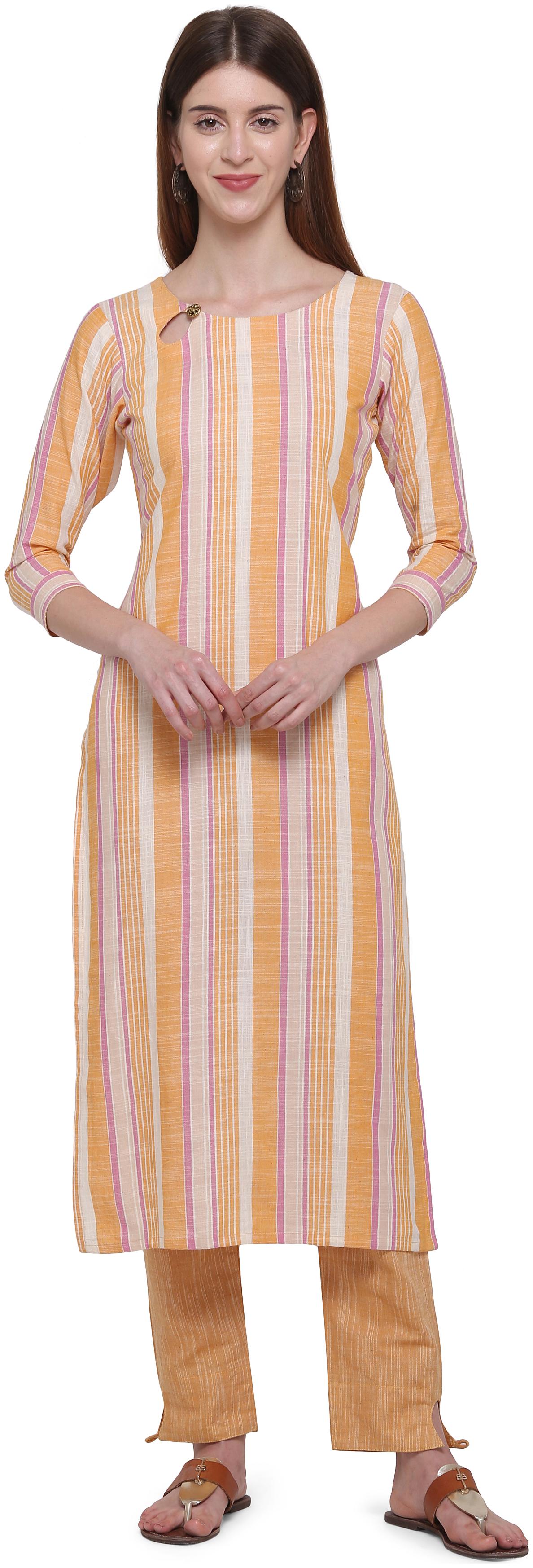 

Elora Women Orange Striped Straight Kurti With Pants