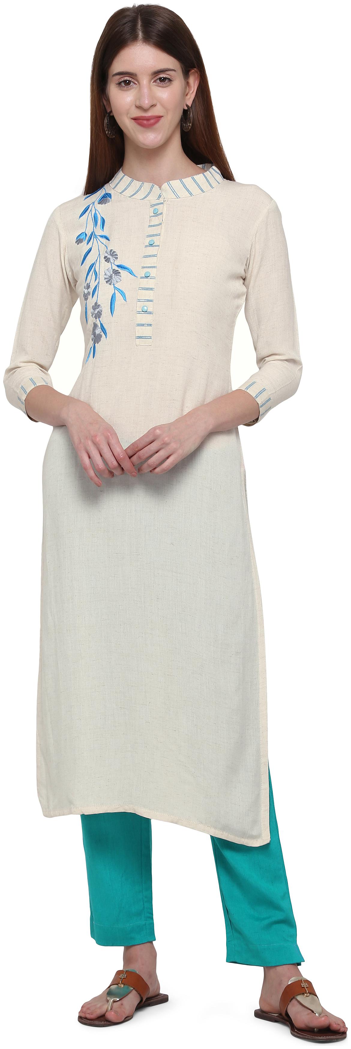 

Elora Women Cotton Embroidered Turquoise Beige Kurti With Pants