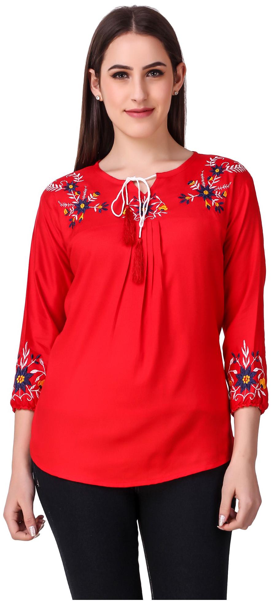 

Elyraa Women Embroidered Regular top - Red