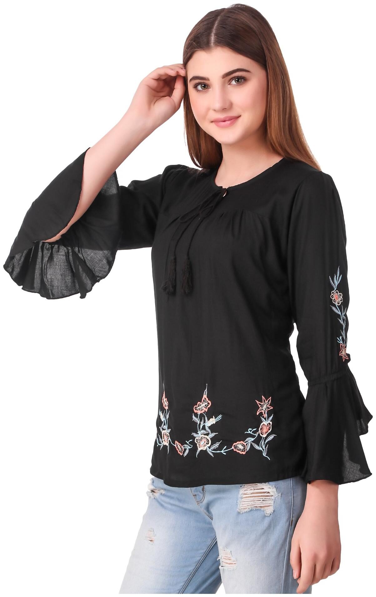 

Elyraa Women Embroidered Regular top - Black