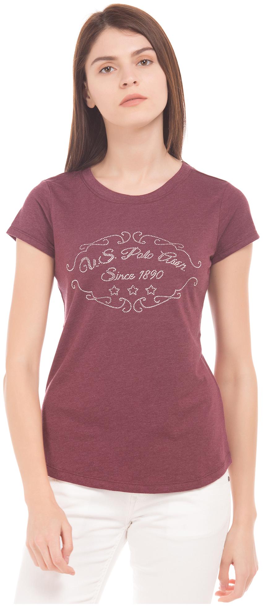 

U S Polo Assn Women Maroon Regular fit Round neck Cotton T shirt