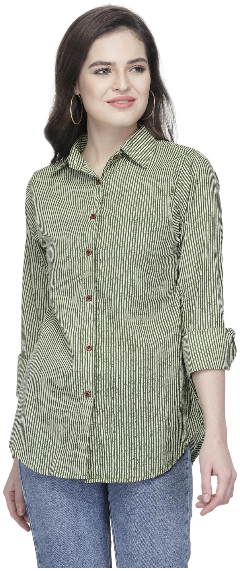 

Enchanted Drapes Women Green Striped Regular Fit Shirt