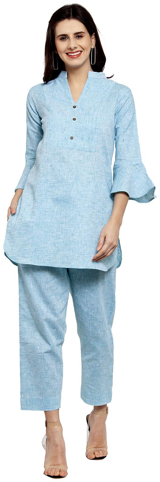 

Enchanted Drapes Women Blue Solid Straight Kurti With Pants