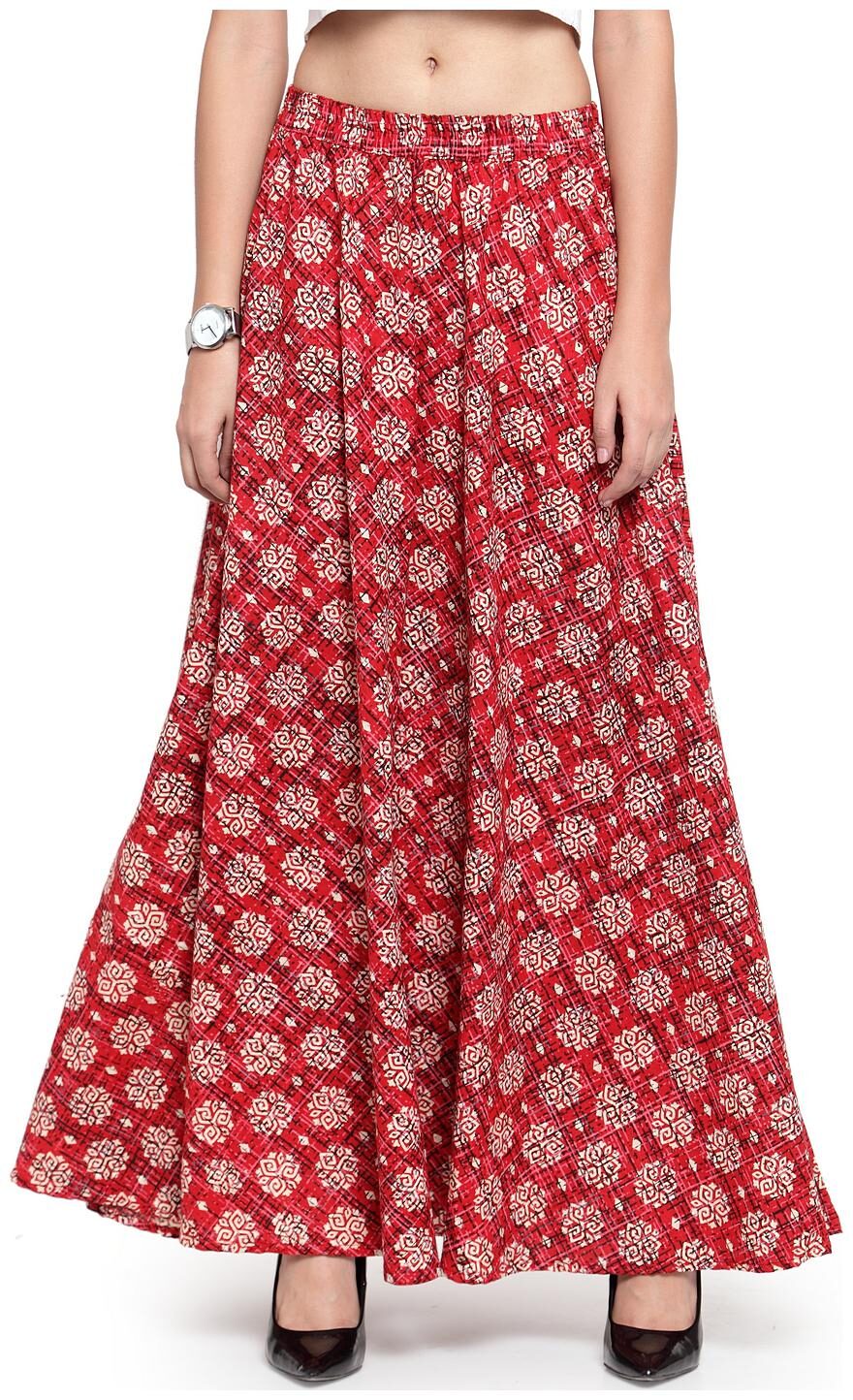 

Enchanted Drapes Colorblocked Flared skirt Maxi Skirt - Red