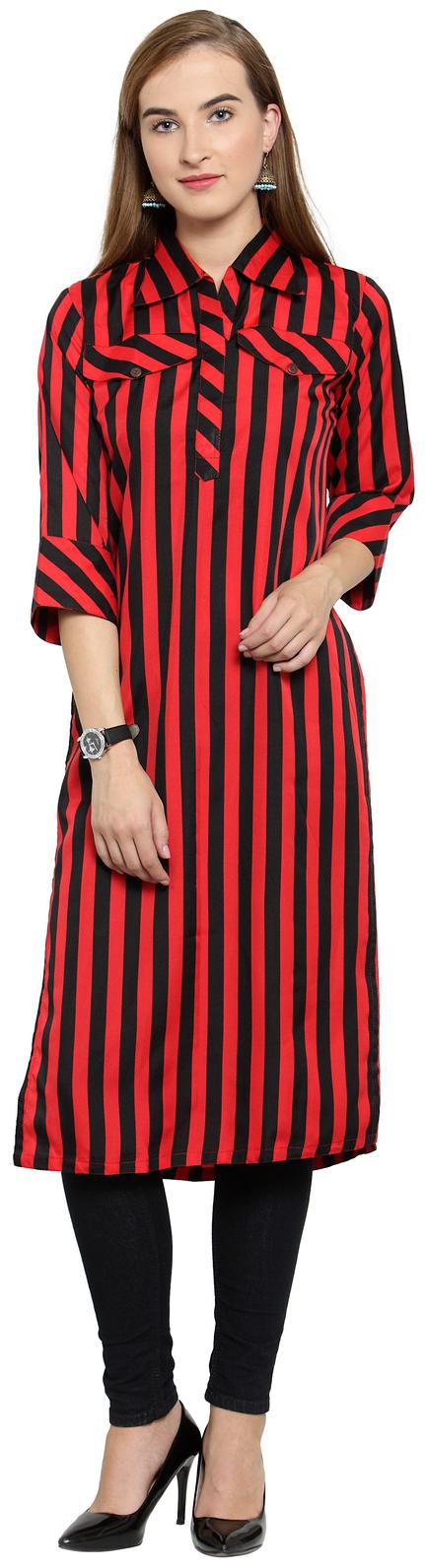 

Enchanted Drapes Women Red Black Striped Regular Kurti