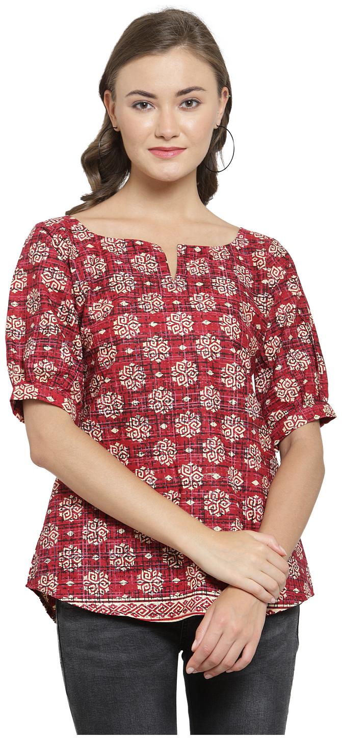 

Enchanted Drapes Maroon Block Printed Jaipuri Cotton Top