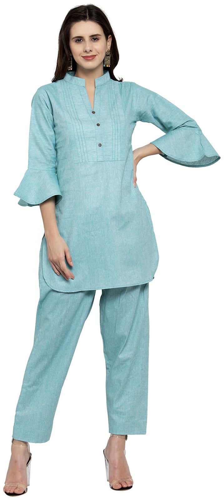 

Enchanted Drapes Women Blue Solid Straight Kurti With Pants