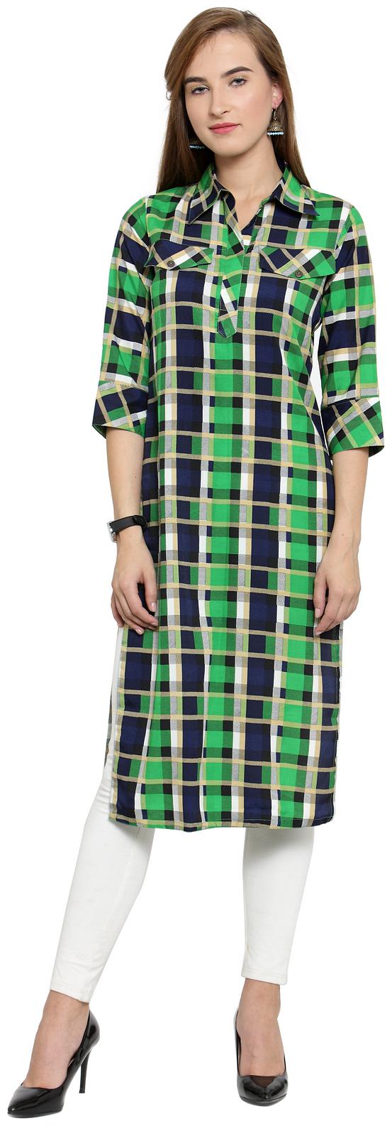 

Enchanted Drapes Green Check Pocket Crepe kurti