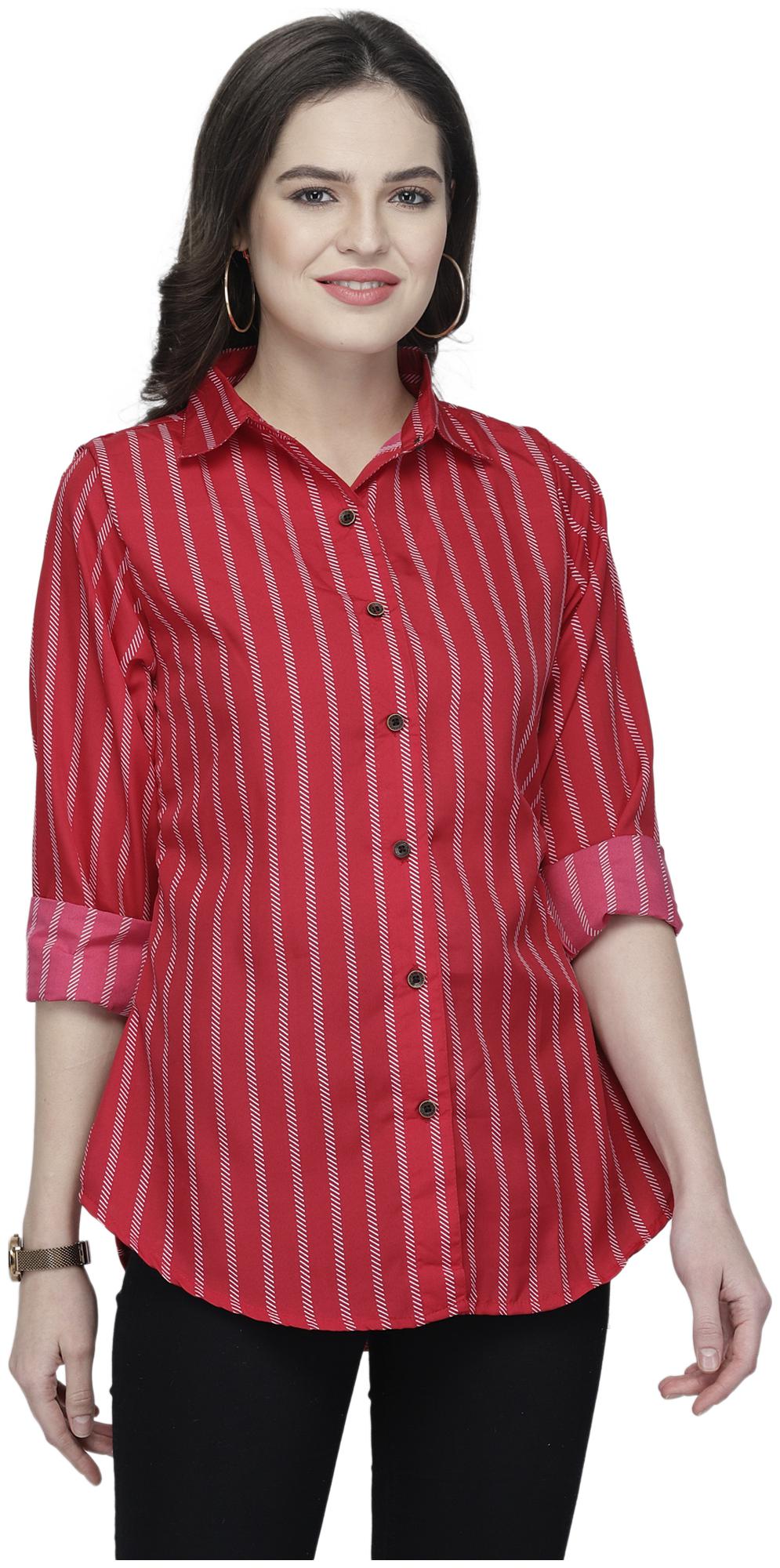 

Enchanted Drapes Women Maroon Striped Regular Fit Shirt