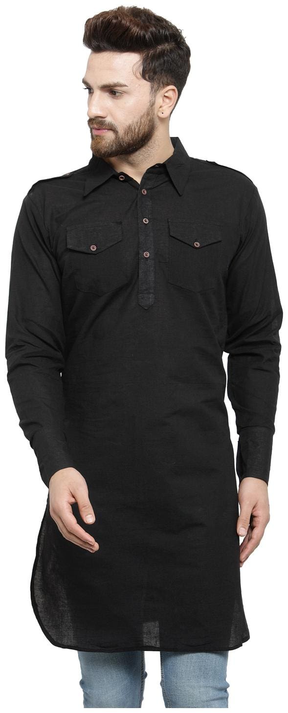 Enchanted Drapes Black Cotton Pathani Kurta