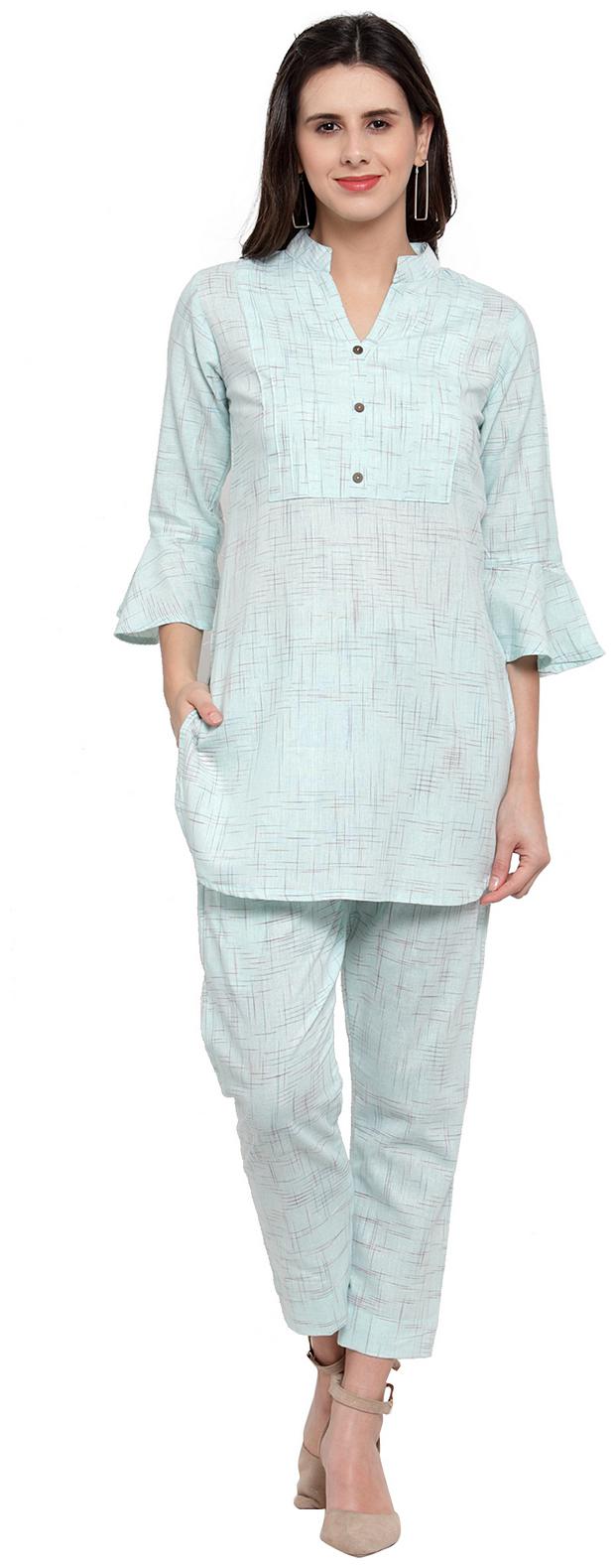 

Enchanted Drapes Women Blue Solid Straight Kurti With Pants