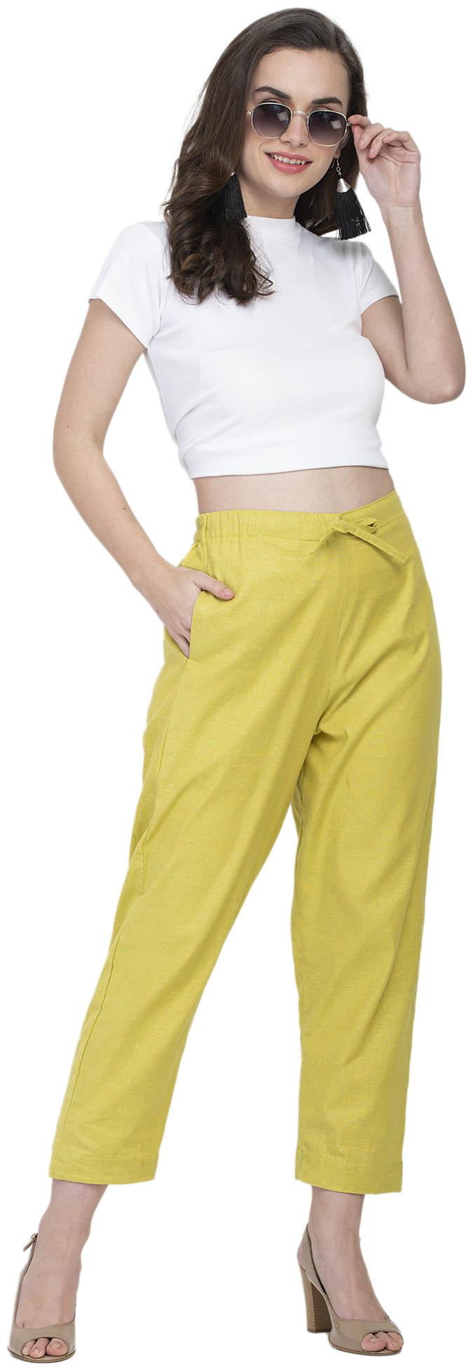 

Enchanted Drapes Women Cotton Solid Regular Yellow Trousers Pants