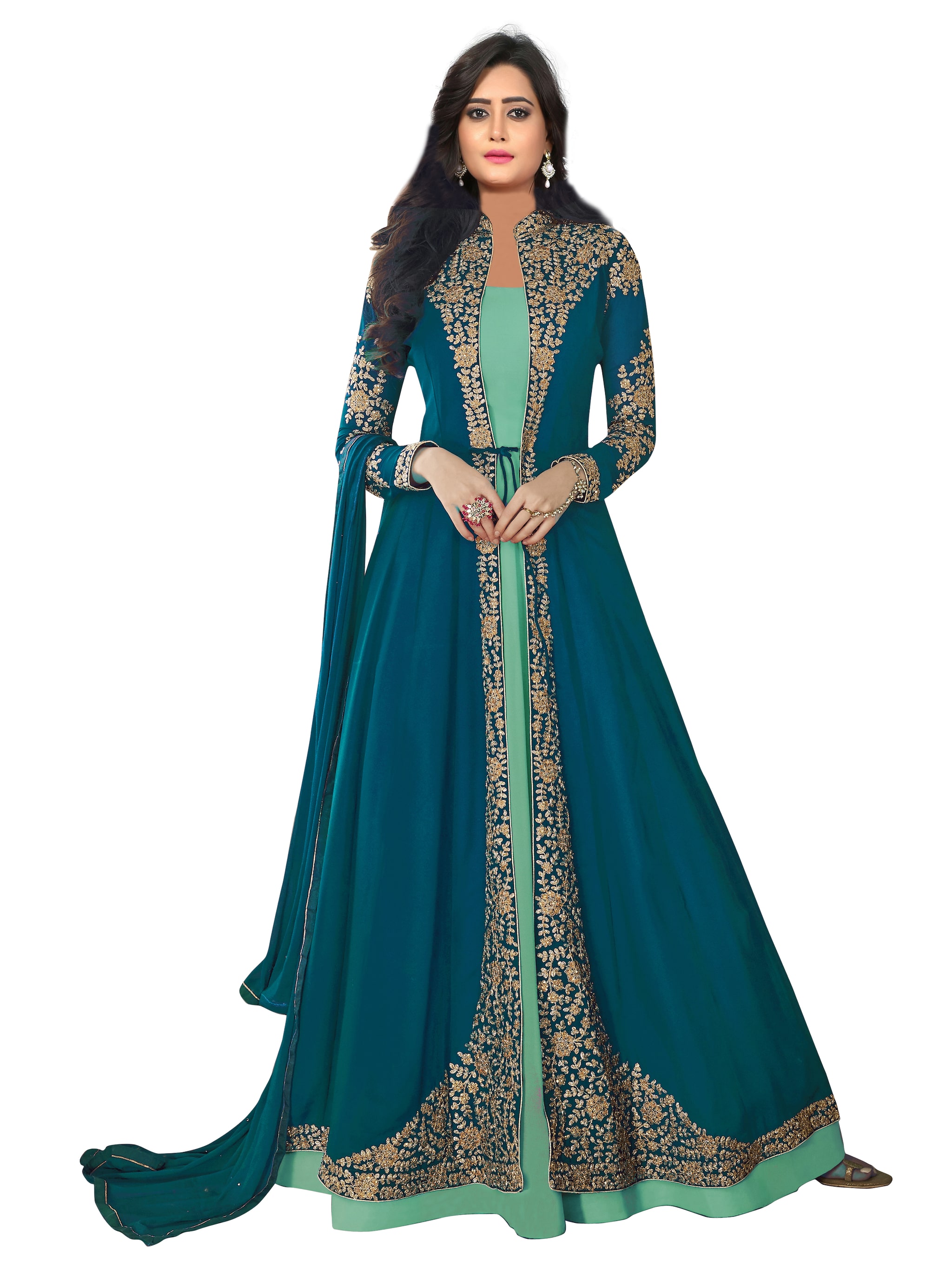 

ETHNIC YARD Georgette Mix Match Anarkali Kurta Bottom Dupatta - Turquoise
