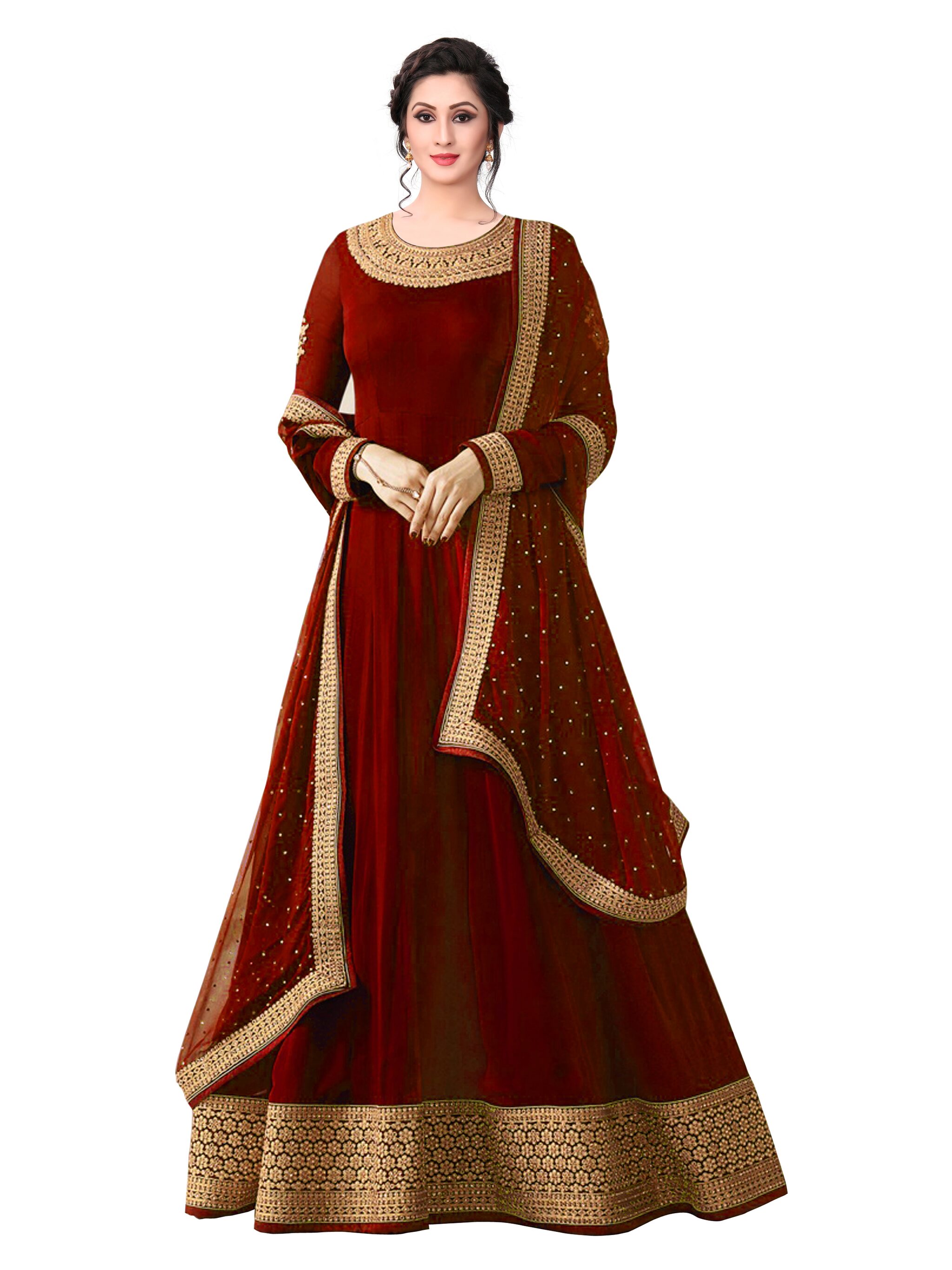

Ethnic Yard Red Faux Georgette Semi-Stitched Anarkali Gown