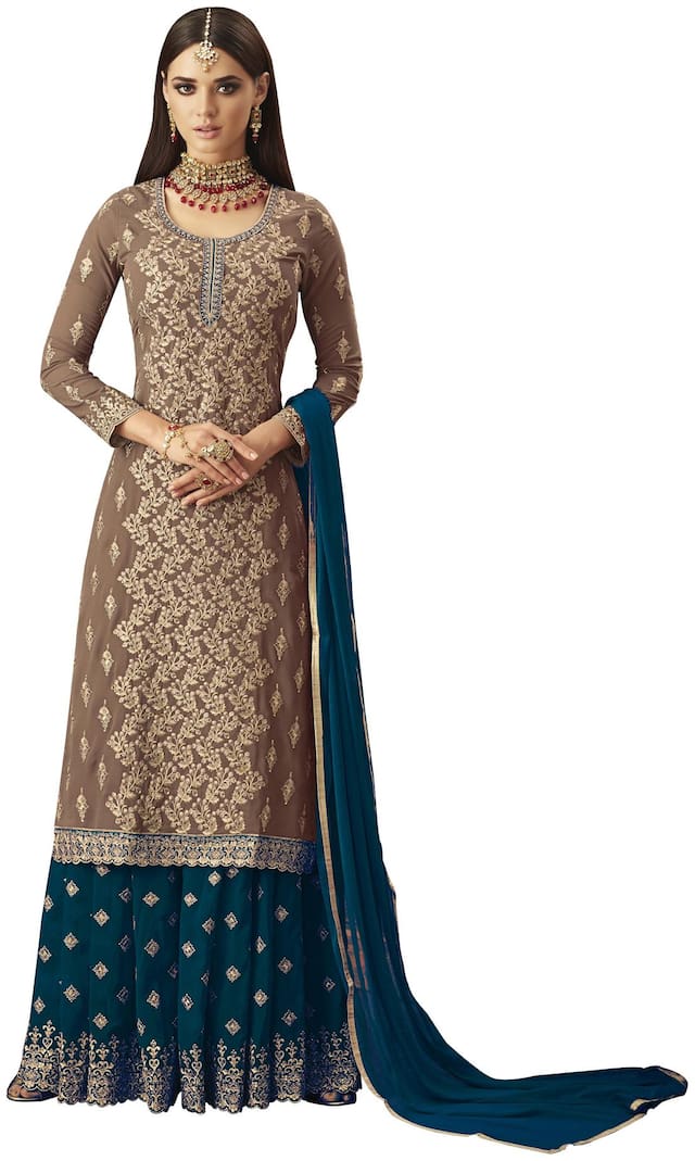 Ethnic Yard Georgette Semi Stitched Dress Material Beige;Blue Color