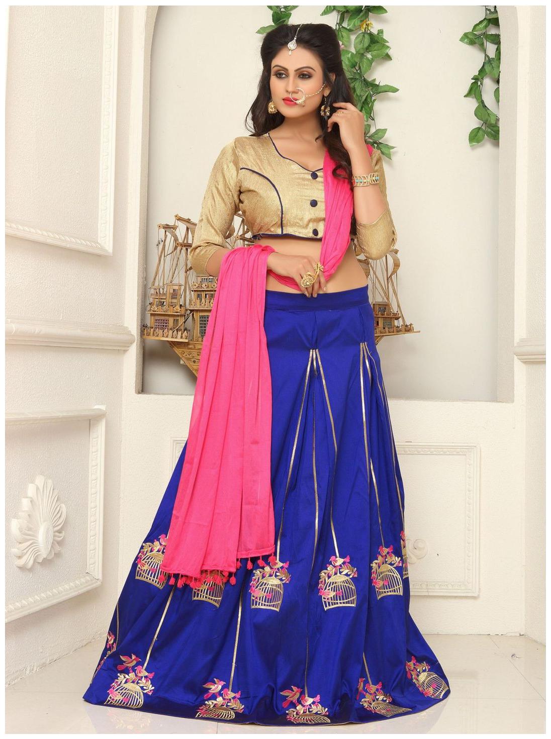 

Ethnic Yard Designer Blue Taffeta Silk Embroidered Semi Stitched Lehanga Choli
