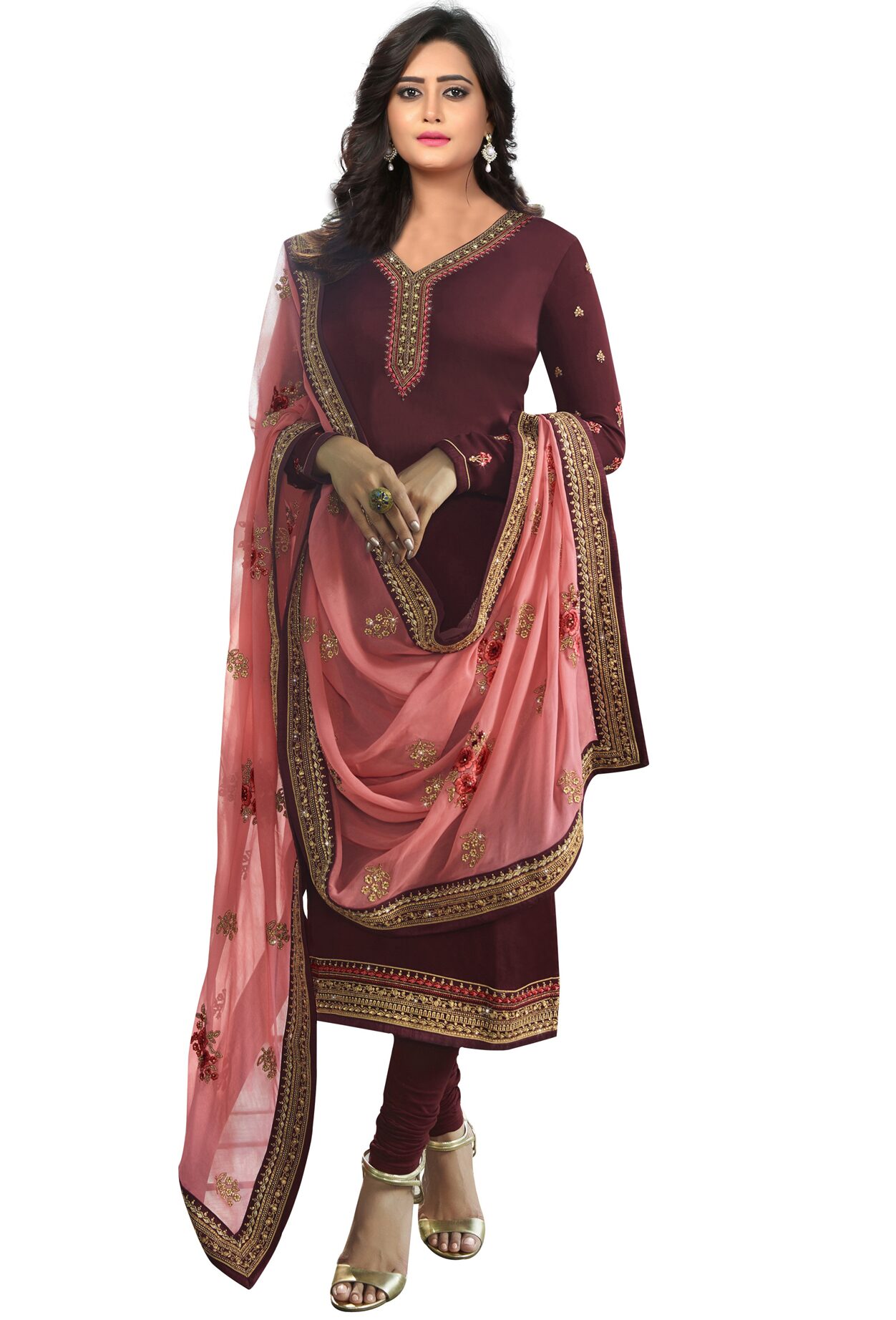 

Ethnic Yard Georgette Embroidered Dress Material Maroon