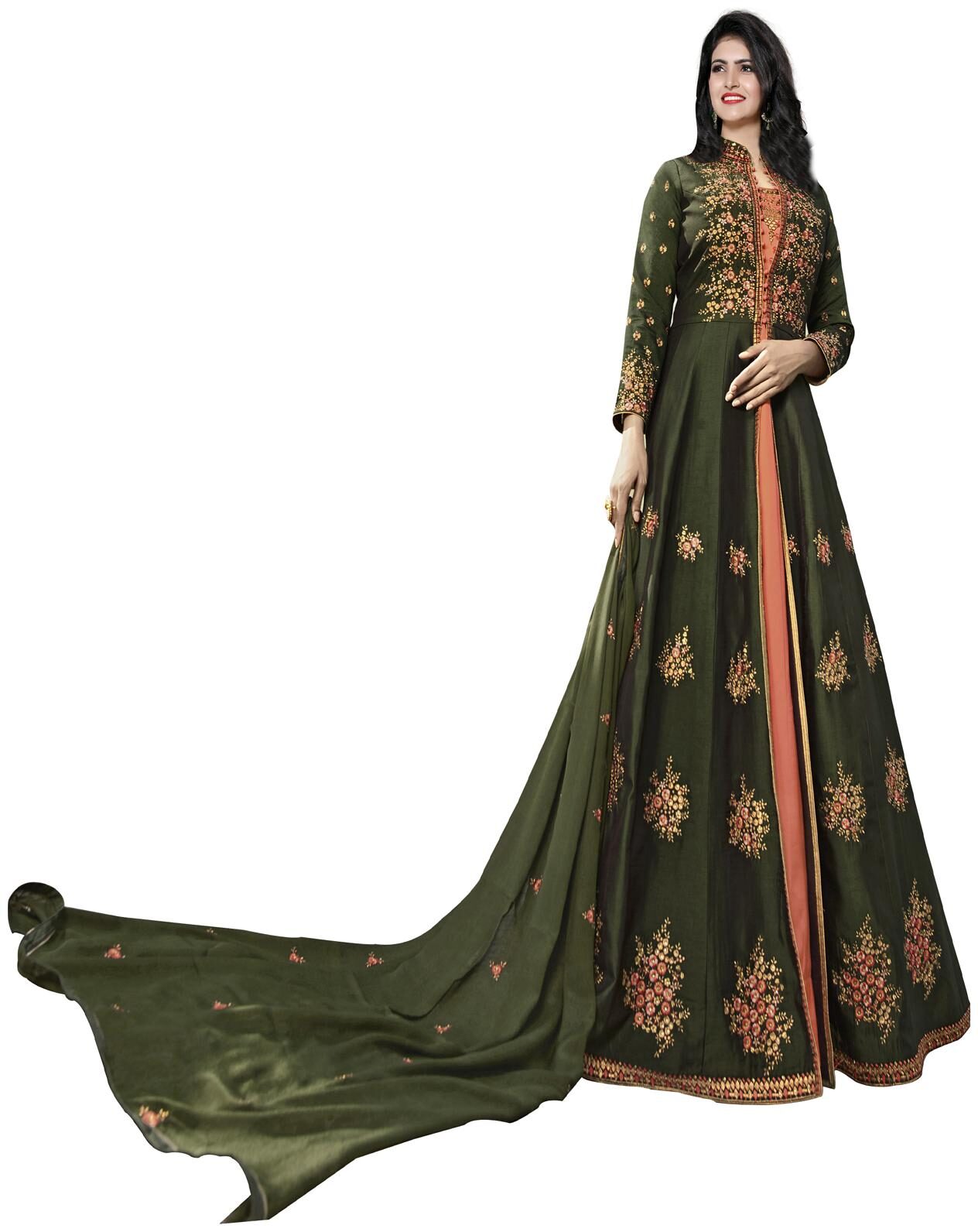 

Ethnic Yard Viscose Satin Pure Silk Silk Mahendi Anarkali Semi-Stitched Salwar Suit With Dupatta