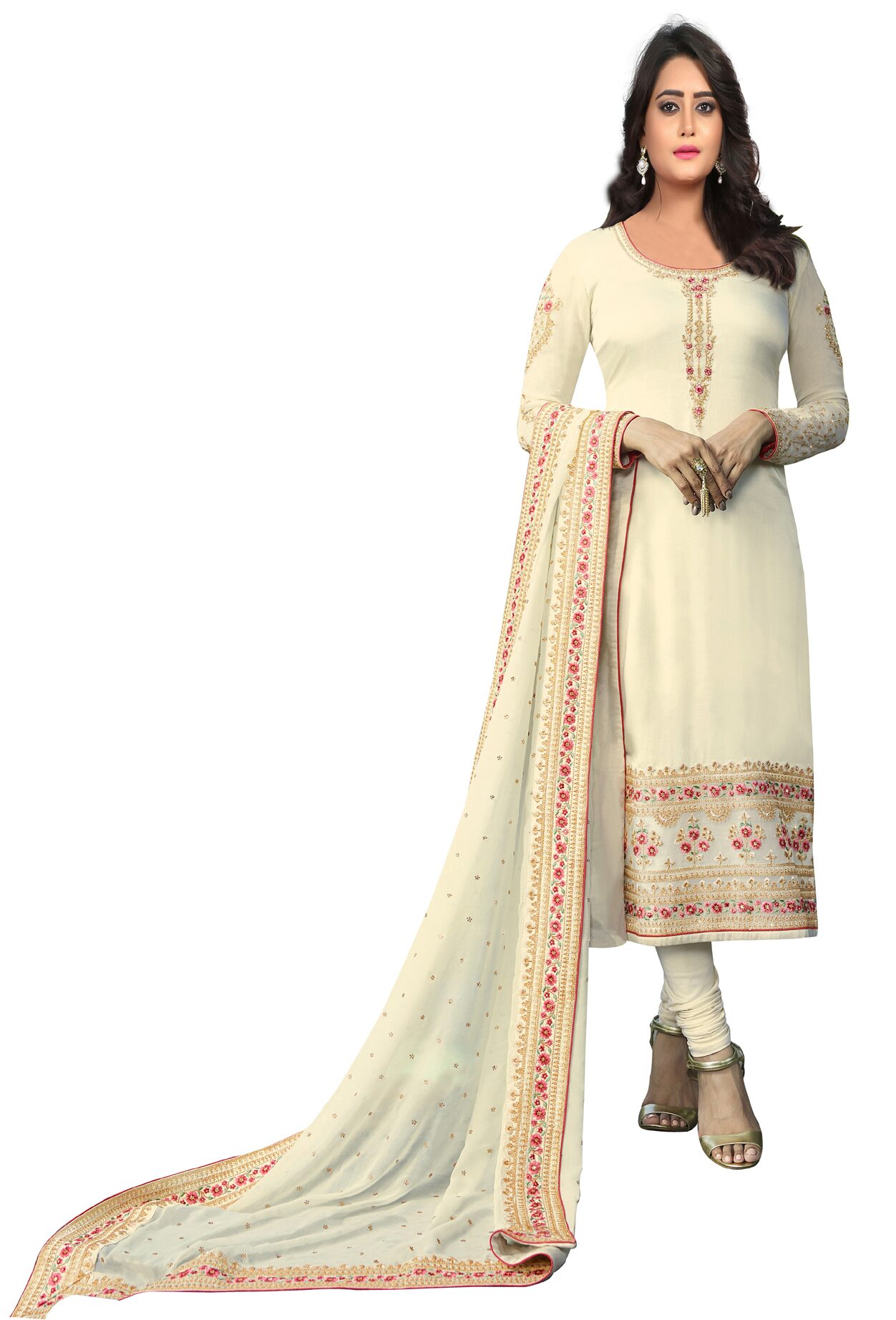 

Ethnic Yard Georgette Embroidered Dress Material Off White