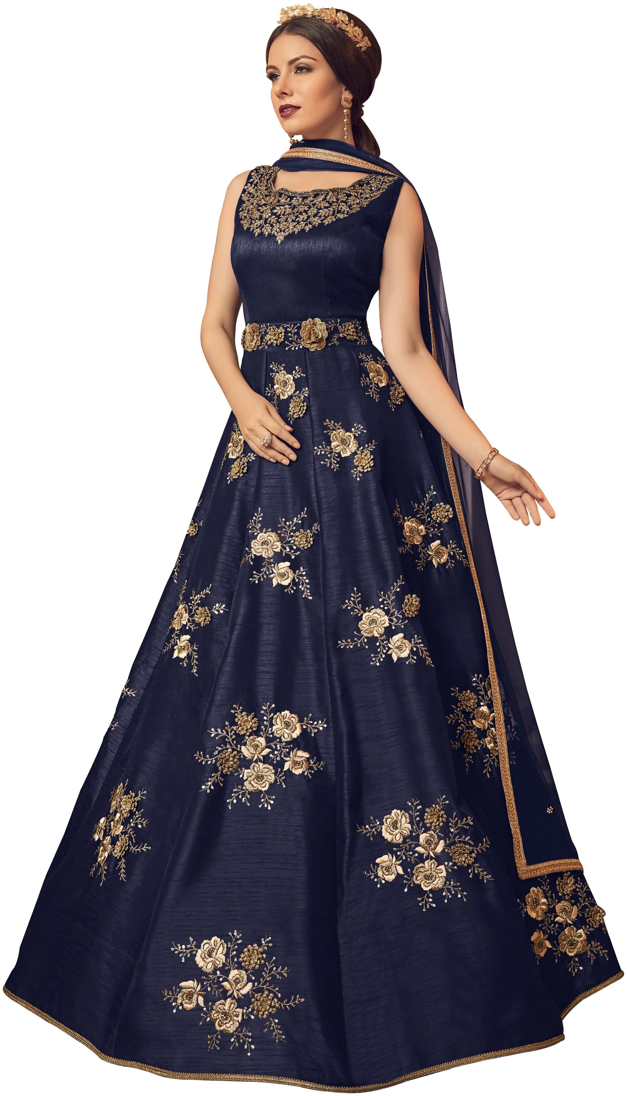 

Ethnic Yard Women Silk Anarkali Gown With Dupatta Blue