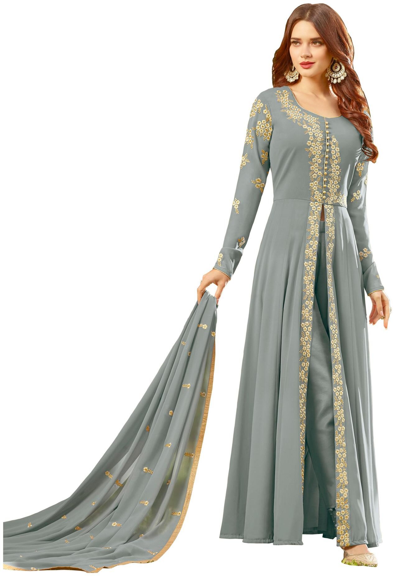 

Ethnic Yard Georgette Semi Stitched Dress Material Grey Color