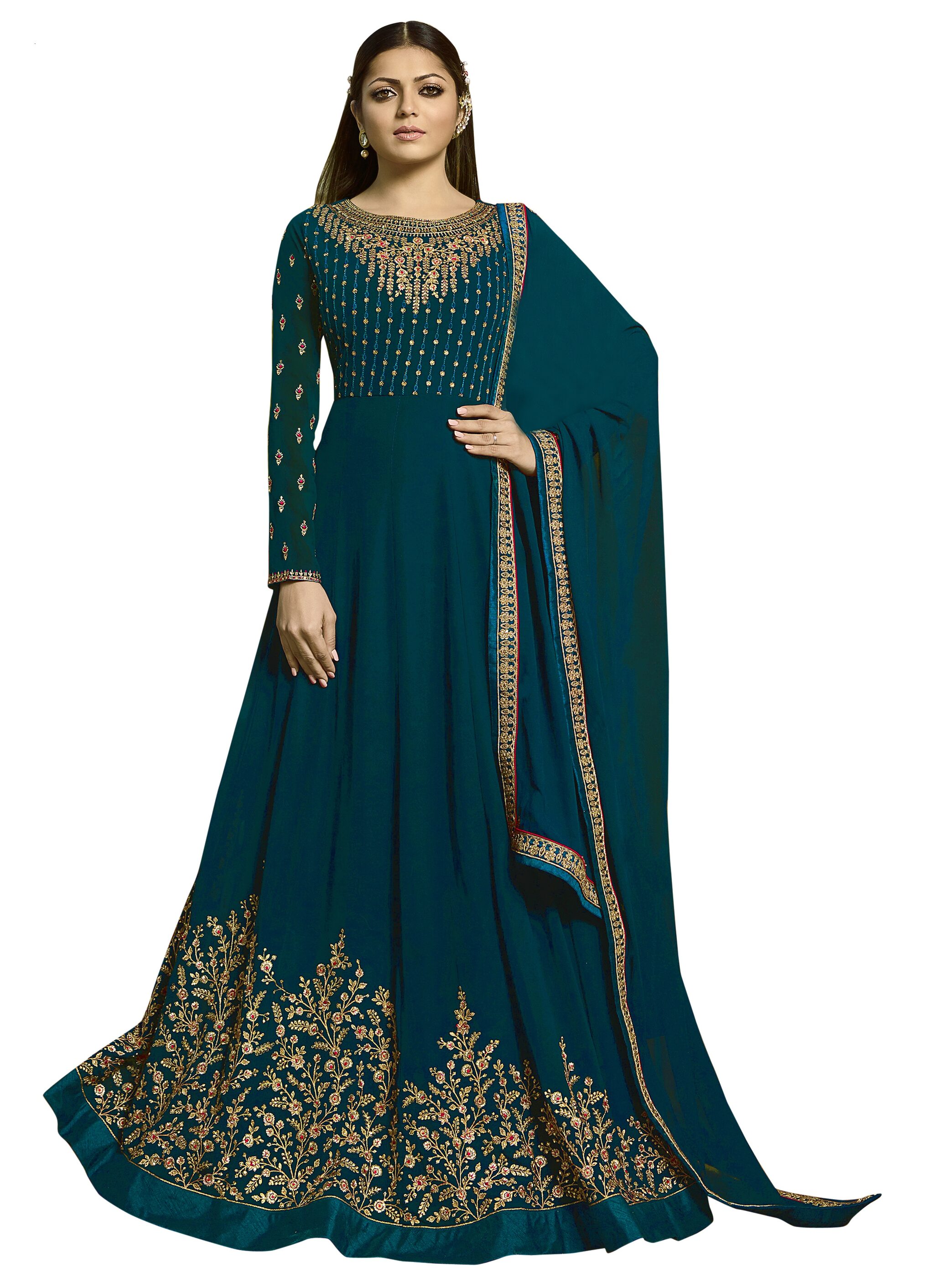 

Ethnic Yard Turquoise Georgetee Embroidered Semi Stitched Salwar Suit