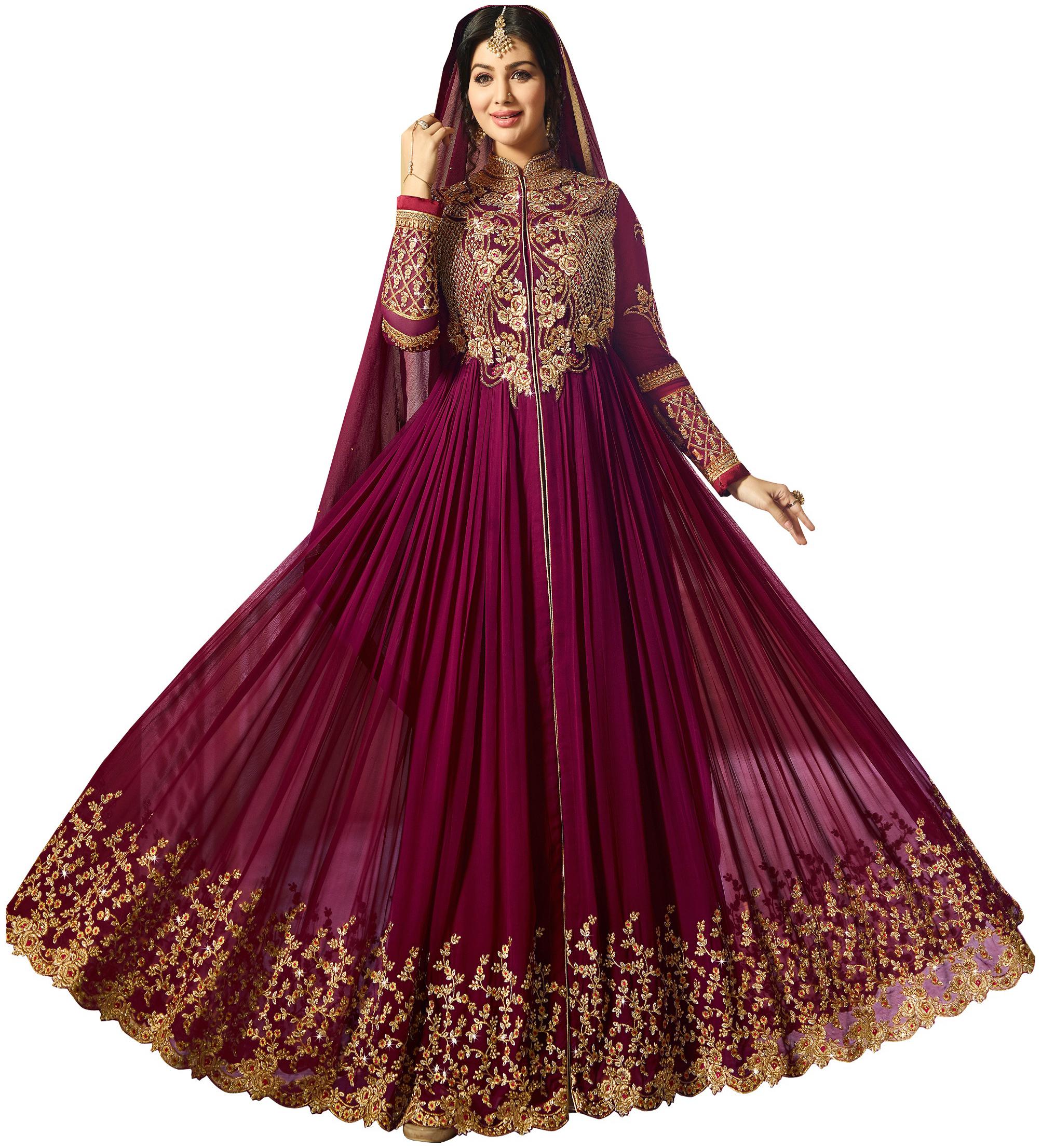 

Ethnic Yard Wine Faux Georgette Embroidered Anarkali Salwar Suit