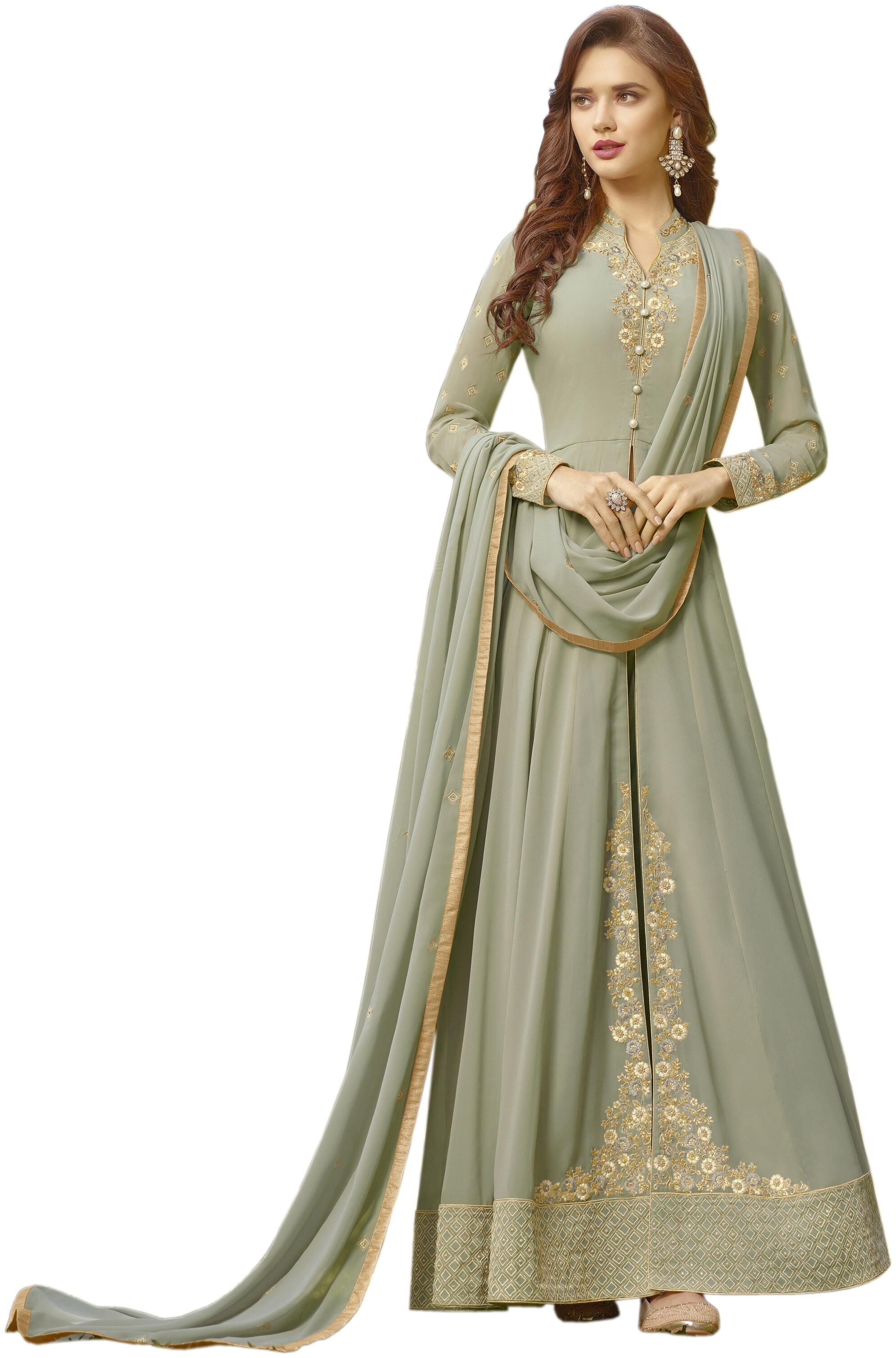 

Ethnic Yard Georgette Semi Stitched Dress Material Green Color