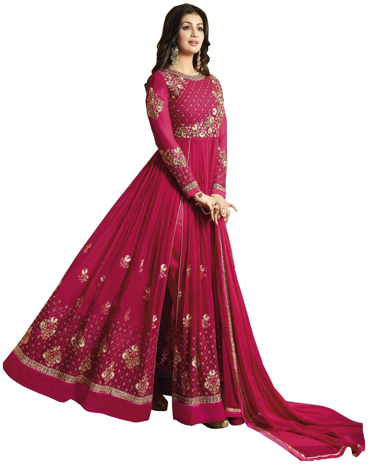 

ETHNIC YARD Women Georgette Embroidered Maxi Pink