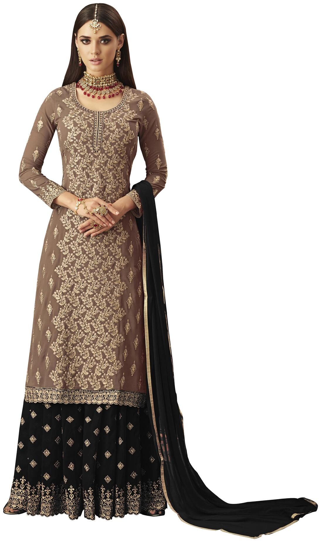 

Ethnic Yard Georgette Semi Stitched Dress Material Beige Black Color