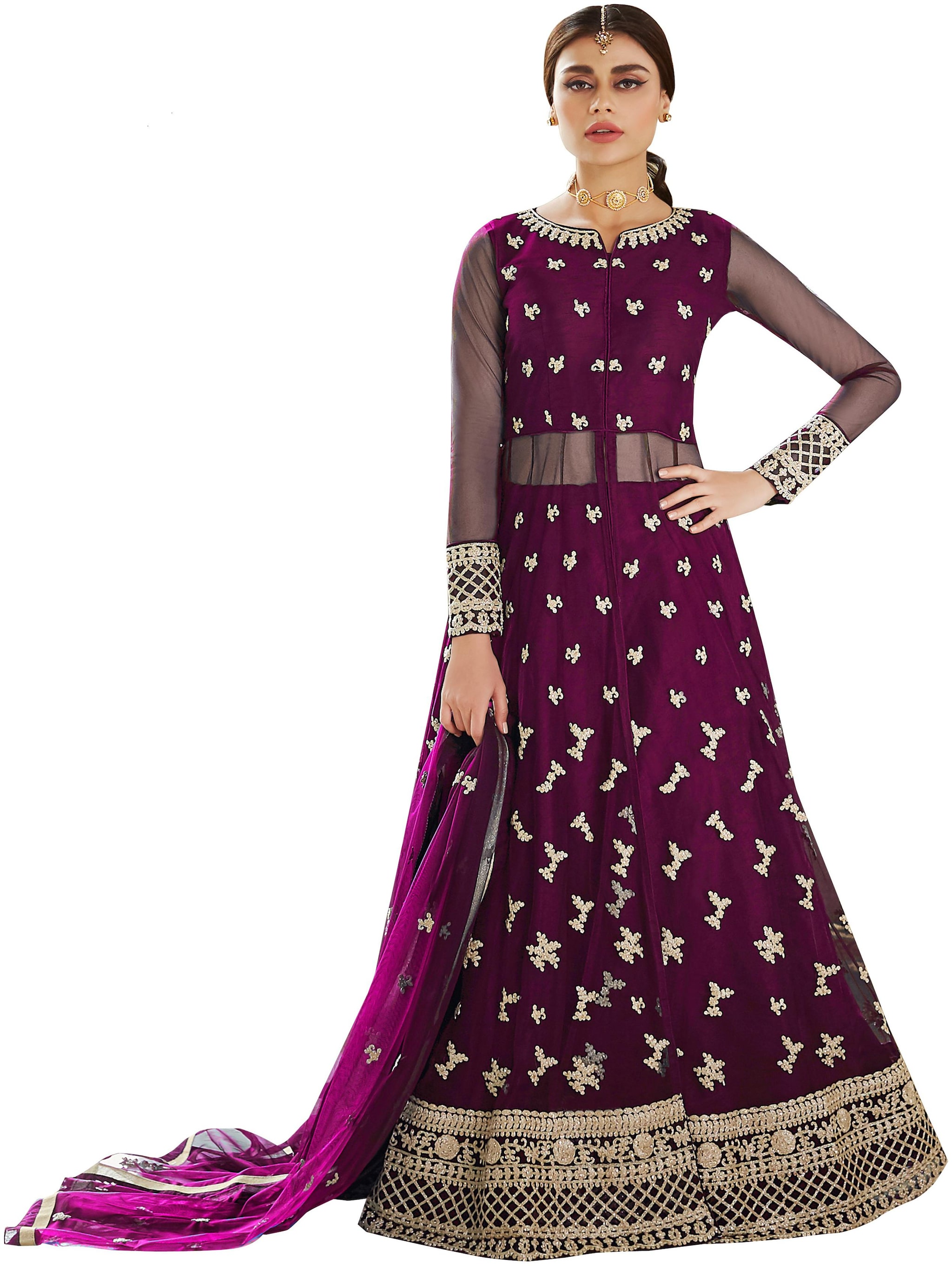 

Ethnic Yard Purple Embroidered Net Anarkali Semi-Stitched Gown With Dupata
