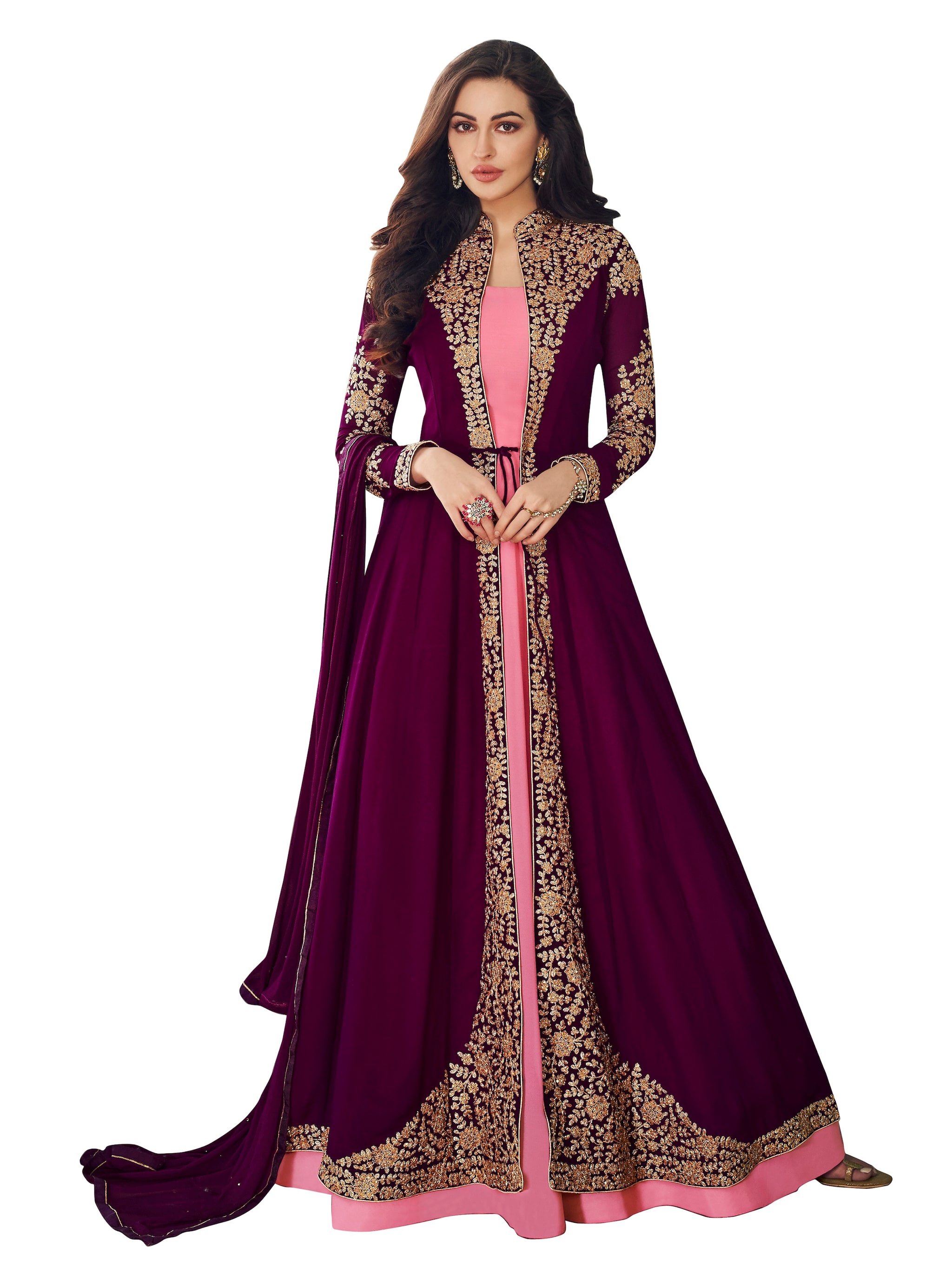 

ETHNIC YARD Georgette Mix Match Anarkali Kurta Bottom Dupatta - Purple