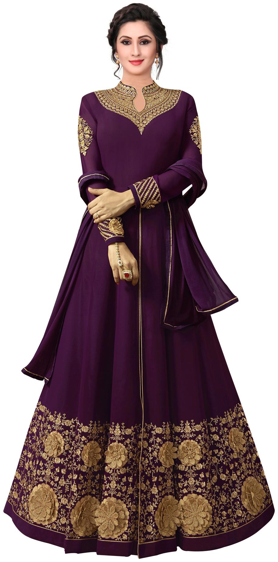 

ETHNIC YARD Women Georgette Embroidered Maxi Purple