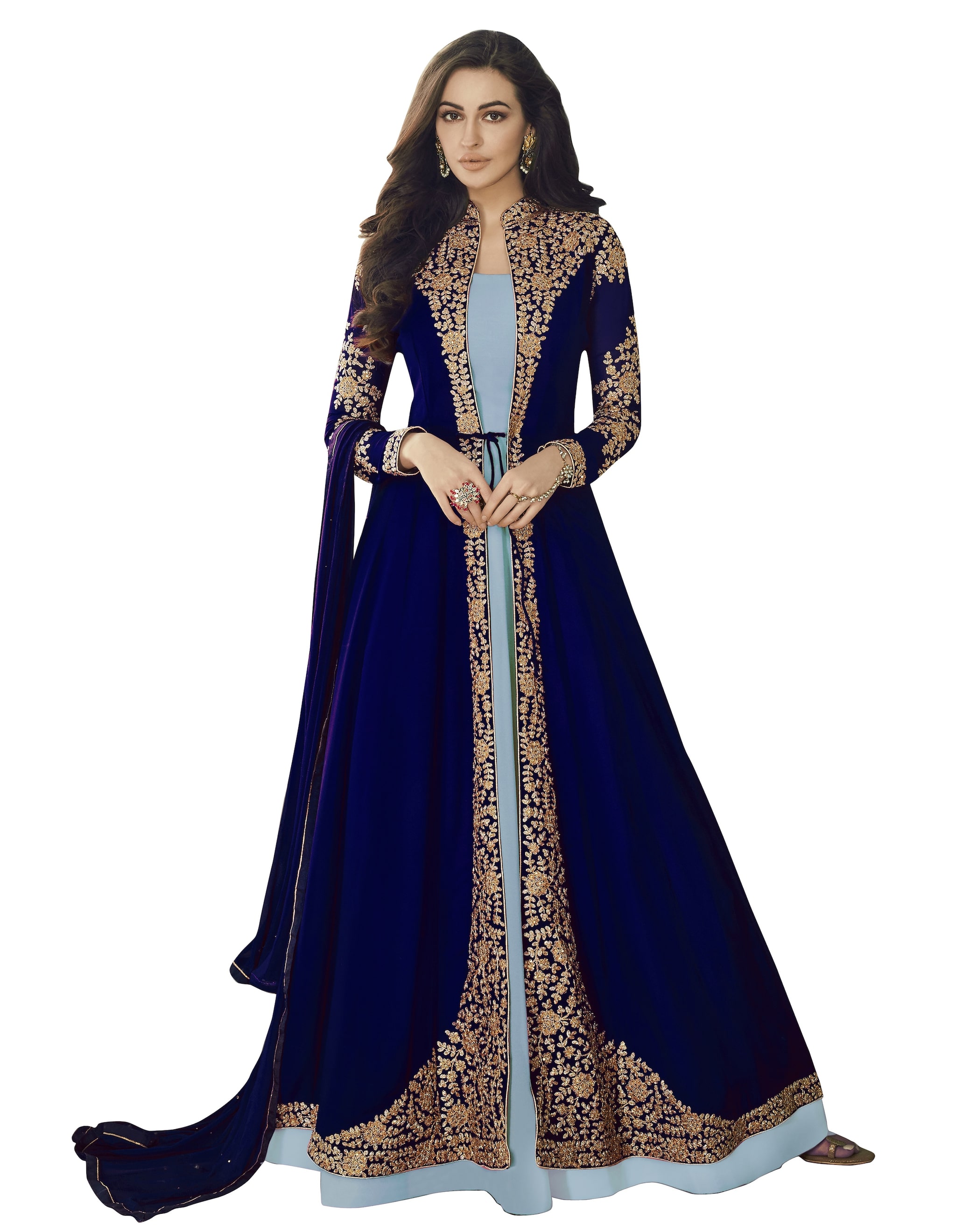 

ETHNIC YARD Georgette Mix Match Anarkali Kurta Bottom Dupatta - Blue
