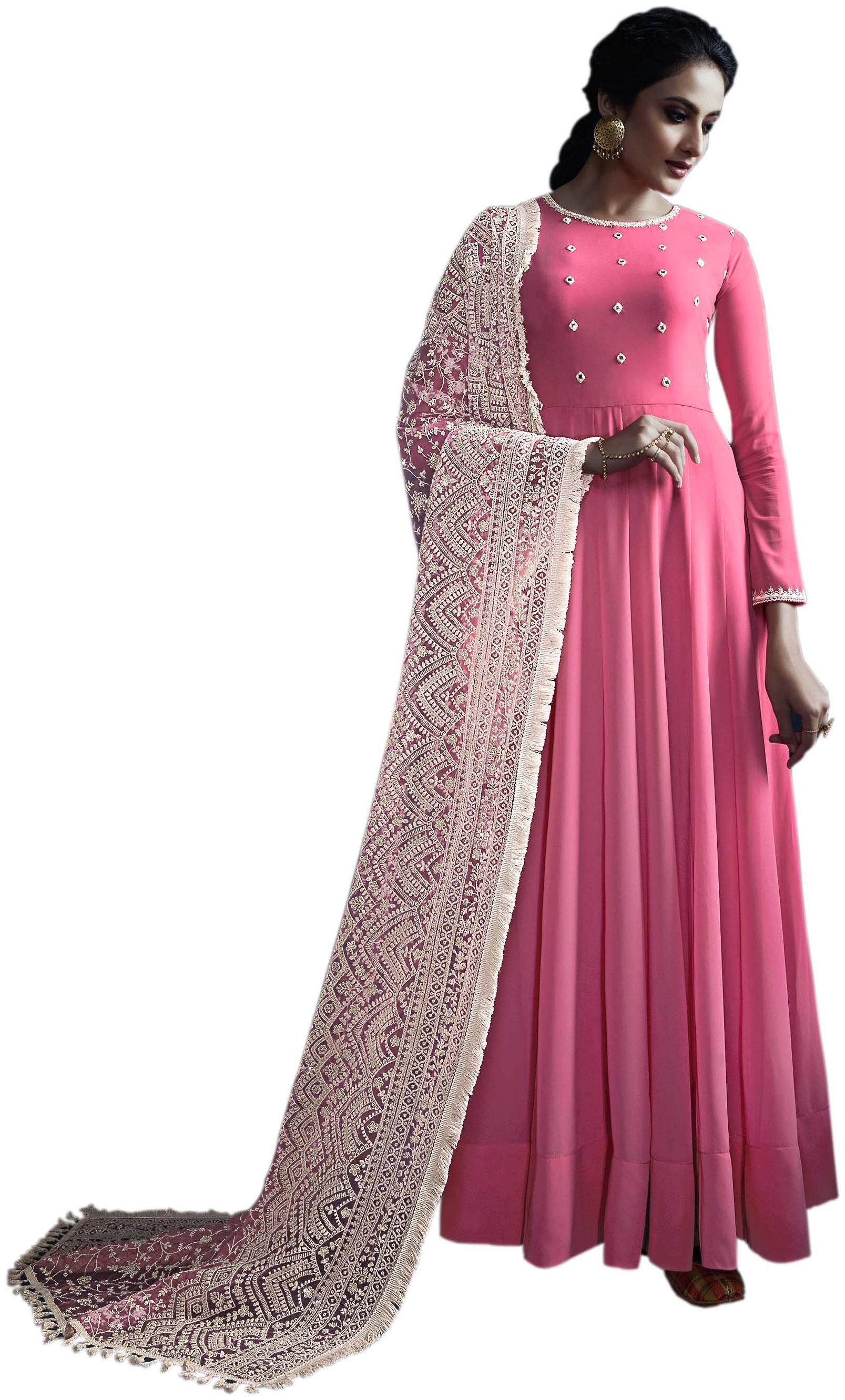 

Ethnic Yard Pink Embroidered Georgette Anarkali Semi-Stitched Gown With Dupatta