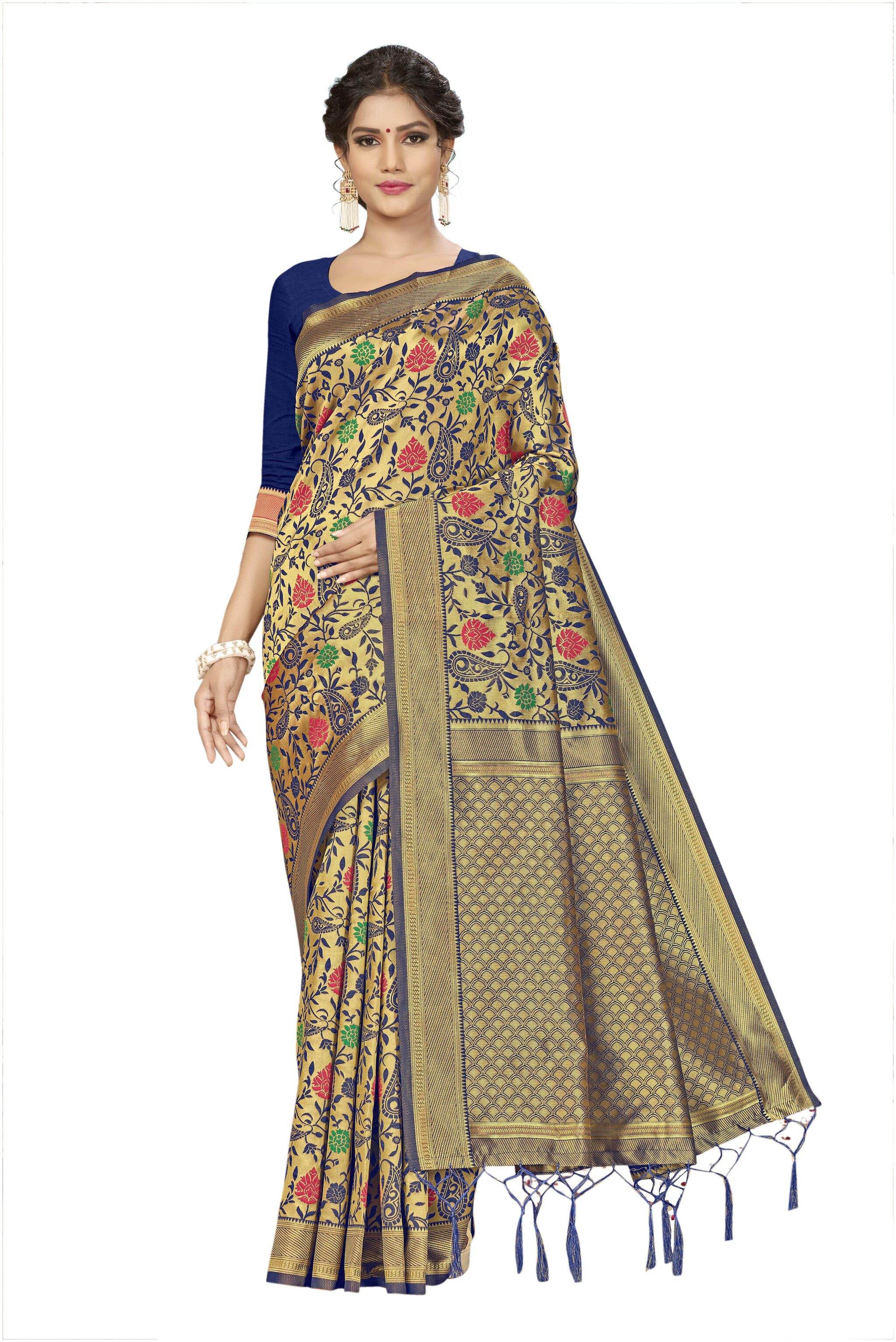 

Ethnic4U Casual Wear Women Navy Blue Color Banarasi Silk Saree