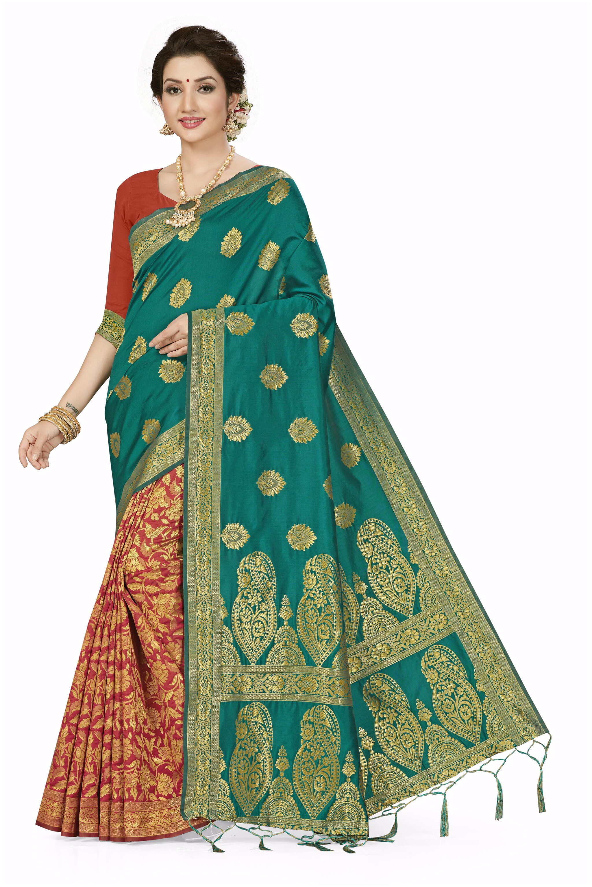 

Ethnic4U Festival Wear Women Green And Red Color Banarasi Silk Saree