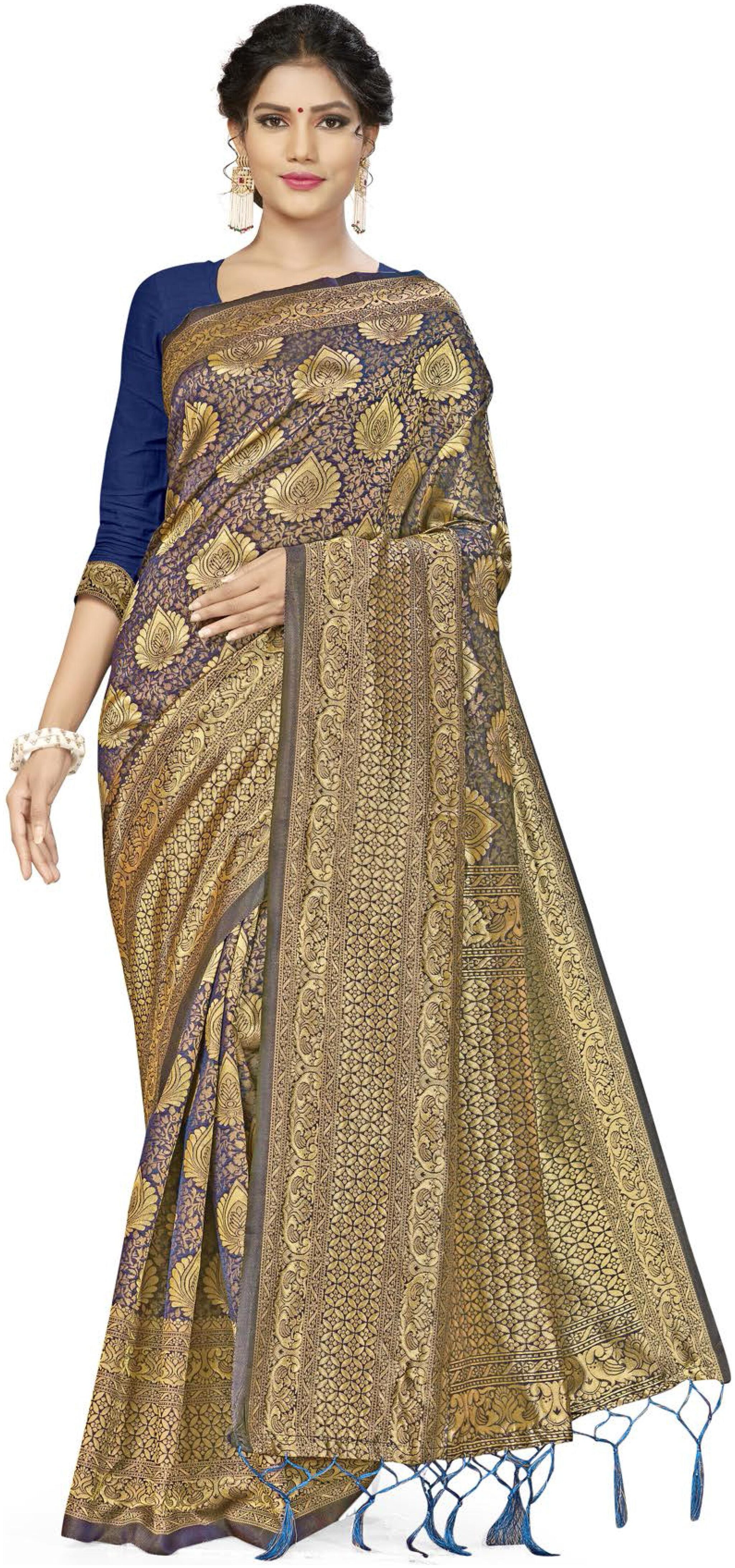 

Ethnic4U Festival Wear Women Navy Blue Color Banarasi Silk Saree