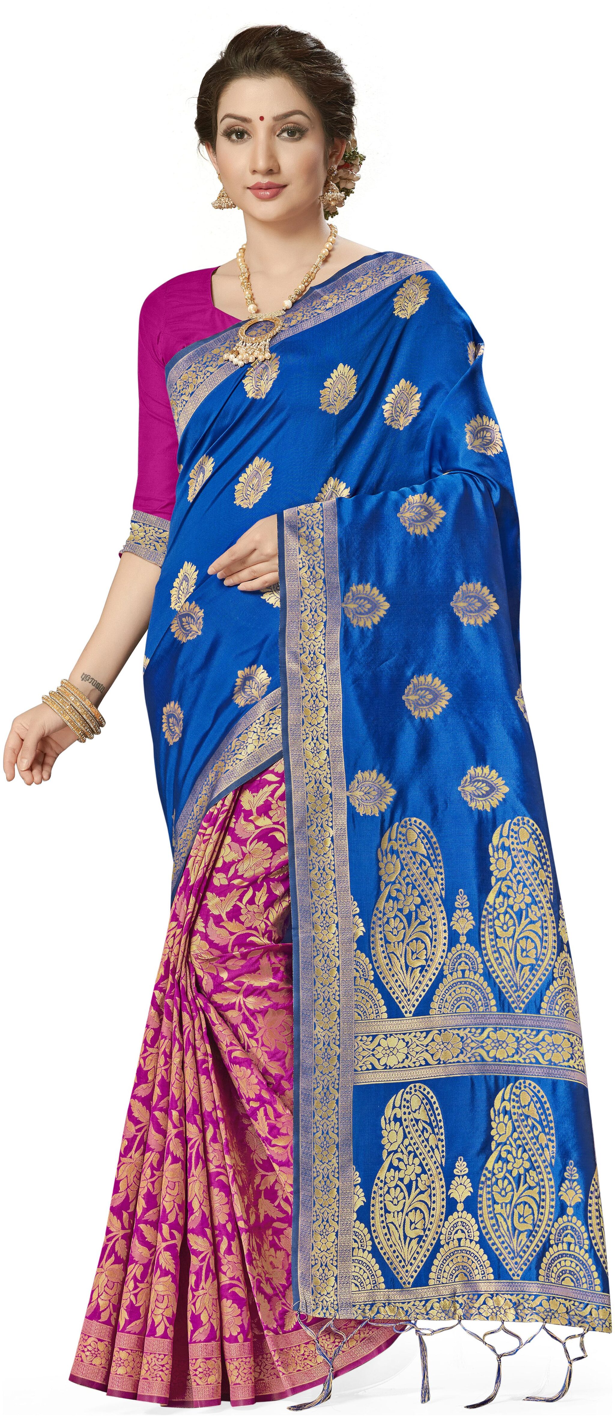 

Ethnic4U Festival Wear Women Blue And Pink Color Banarasi Silk Saree