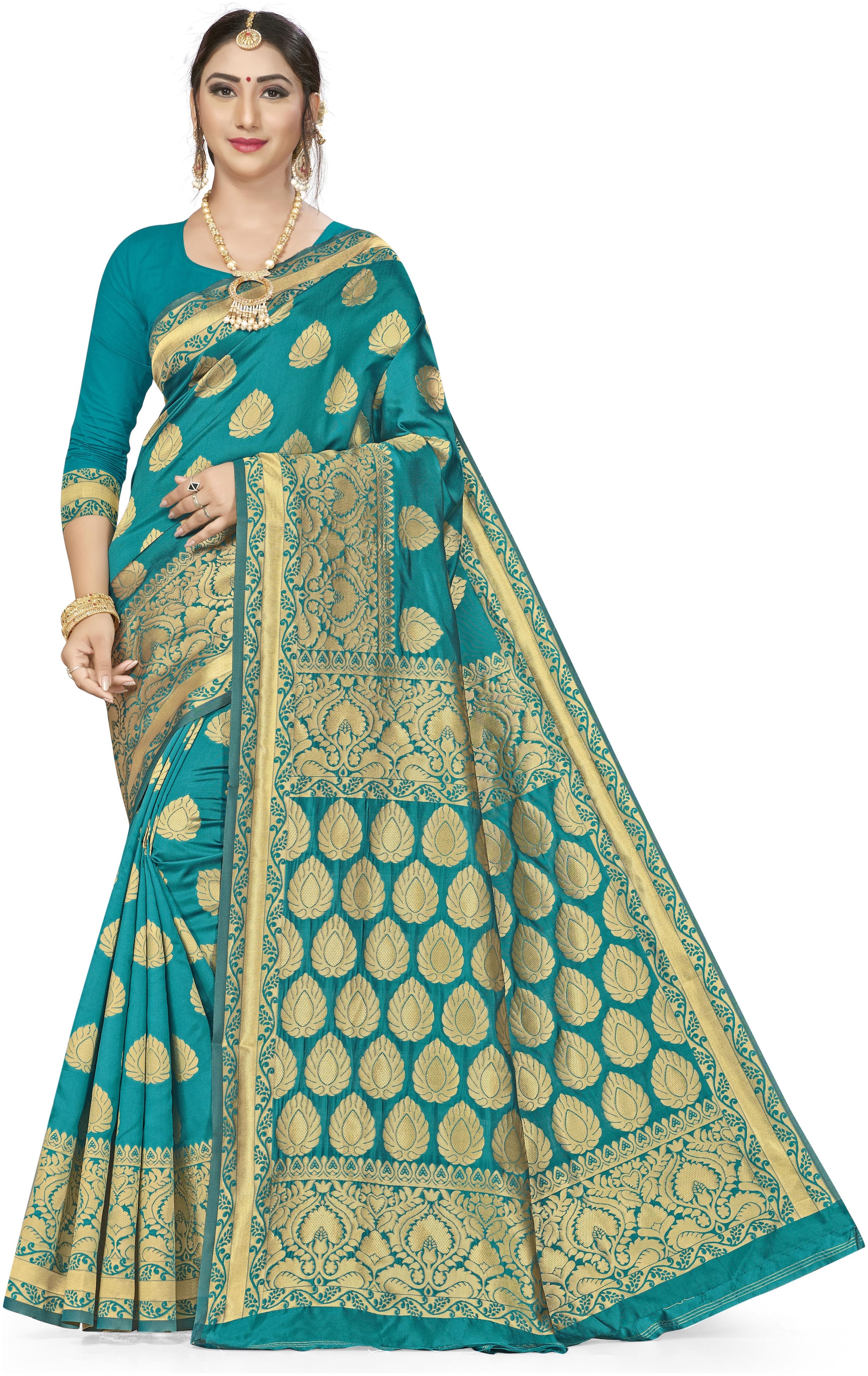 

Ethnic4U Party Wear Women Firozi Color Banarasi Silk Saree