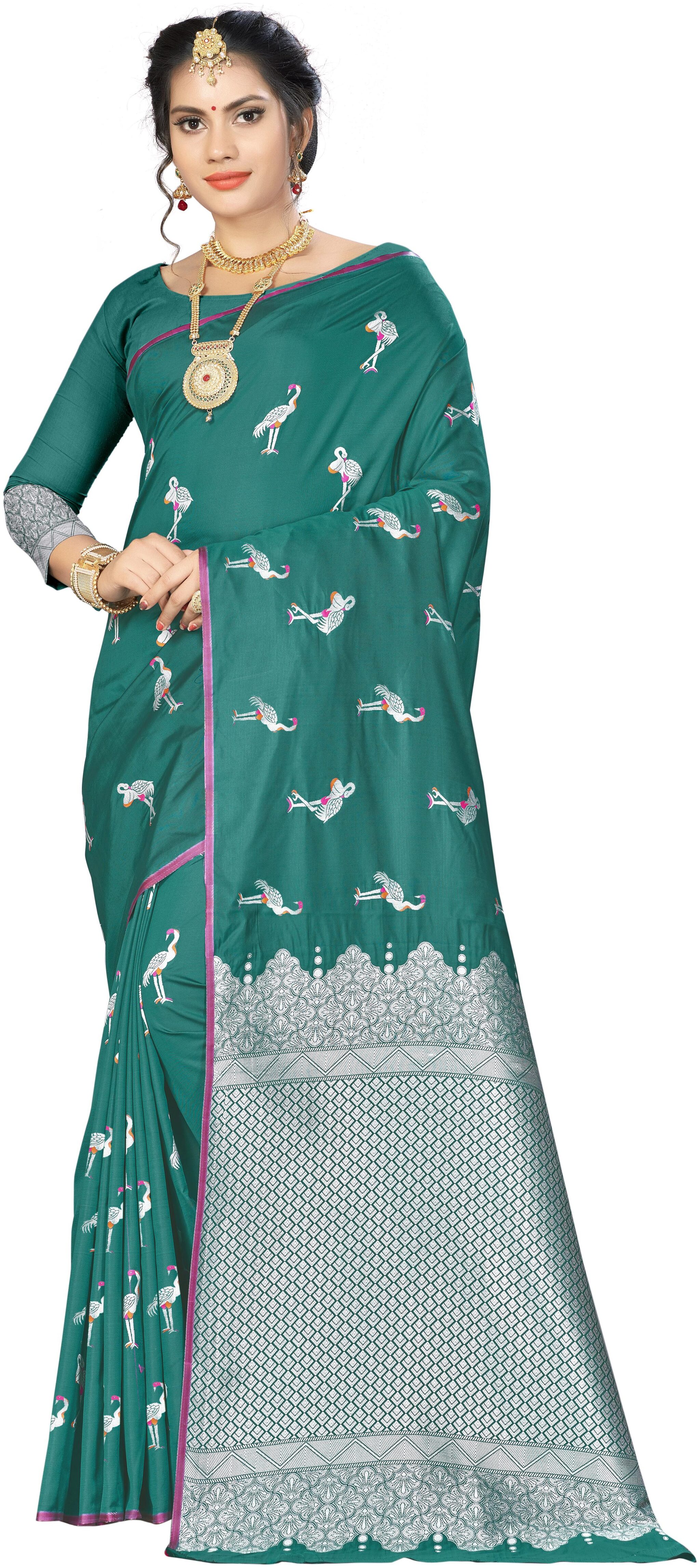 

Ethnic4U Silk Banarasi Designer Saree Green color