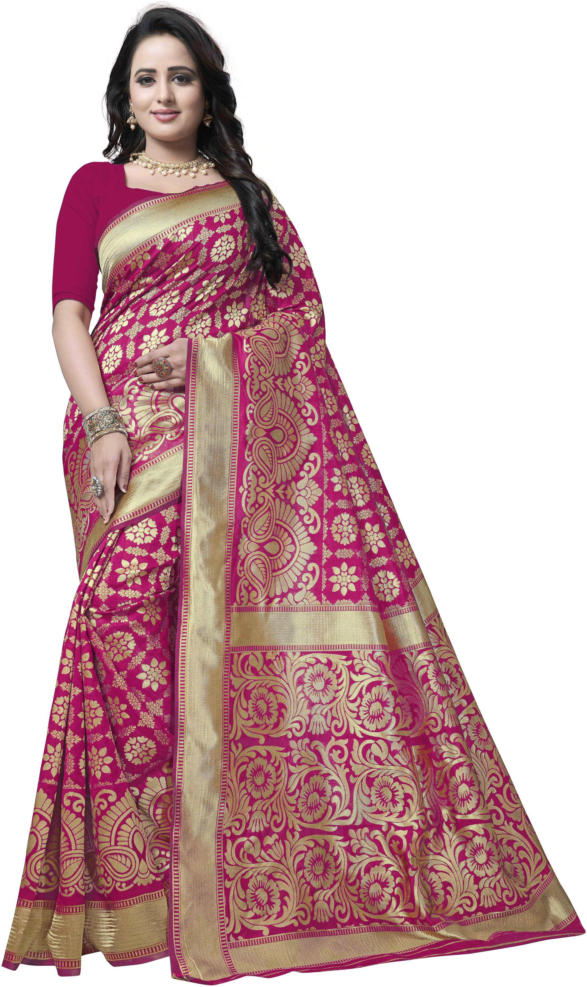 

Ethnic4U Pink Woven Banarasi Designer Saree With Blouse With blouse