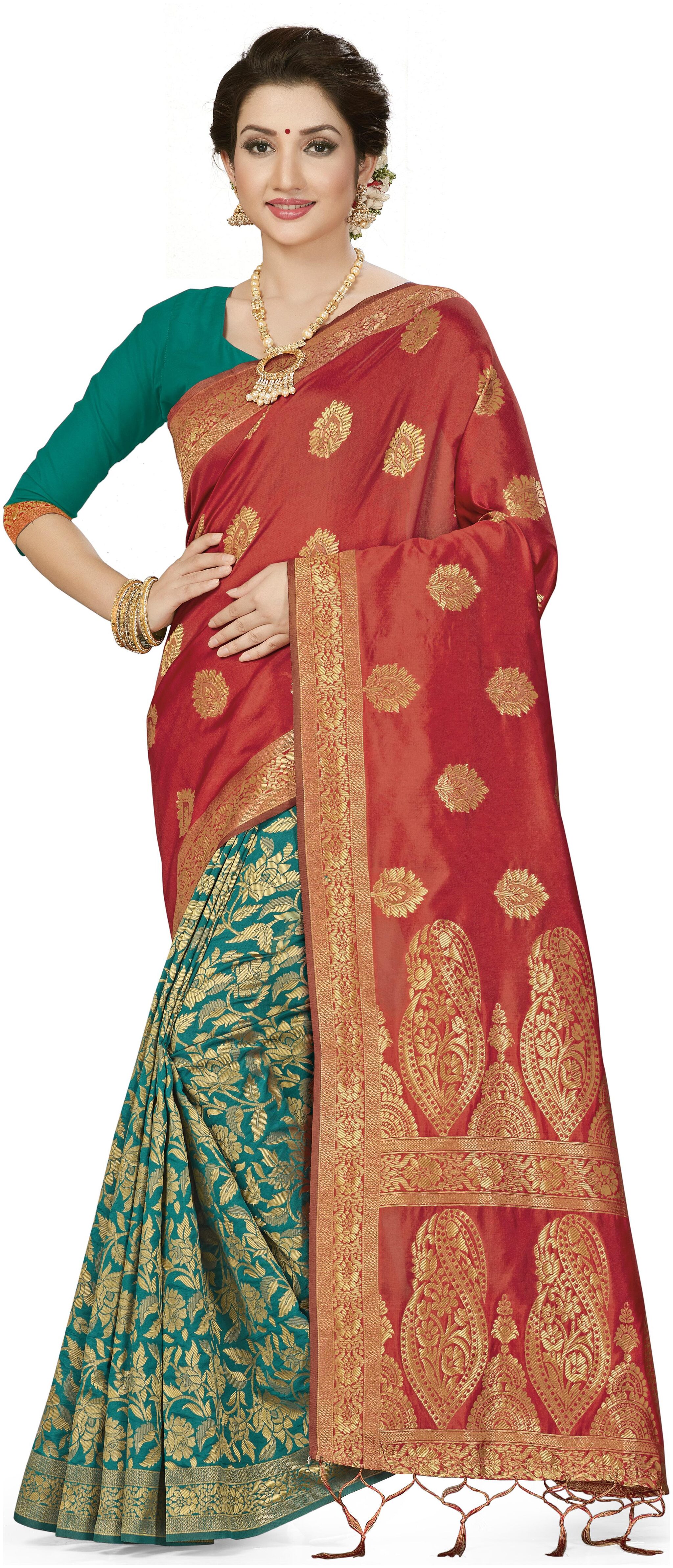 

Ethnic4U Traditional Wear Women Red And Green Color Banarasi Silk Saree