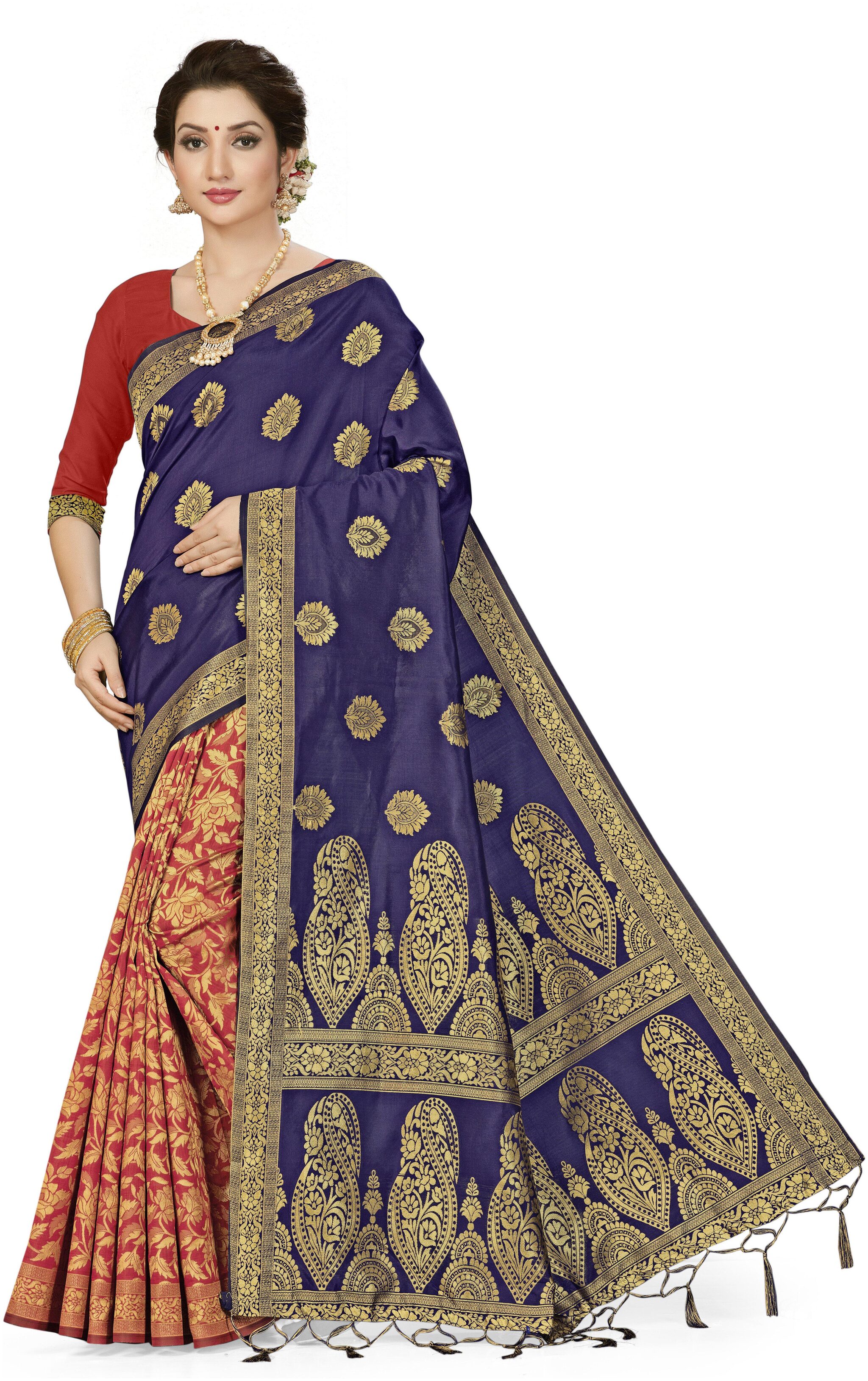 

Ethnic4U Traditional Wear Women Navy Blue And Red Color Banarasi Silk Saree