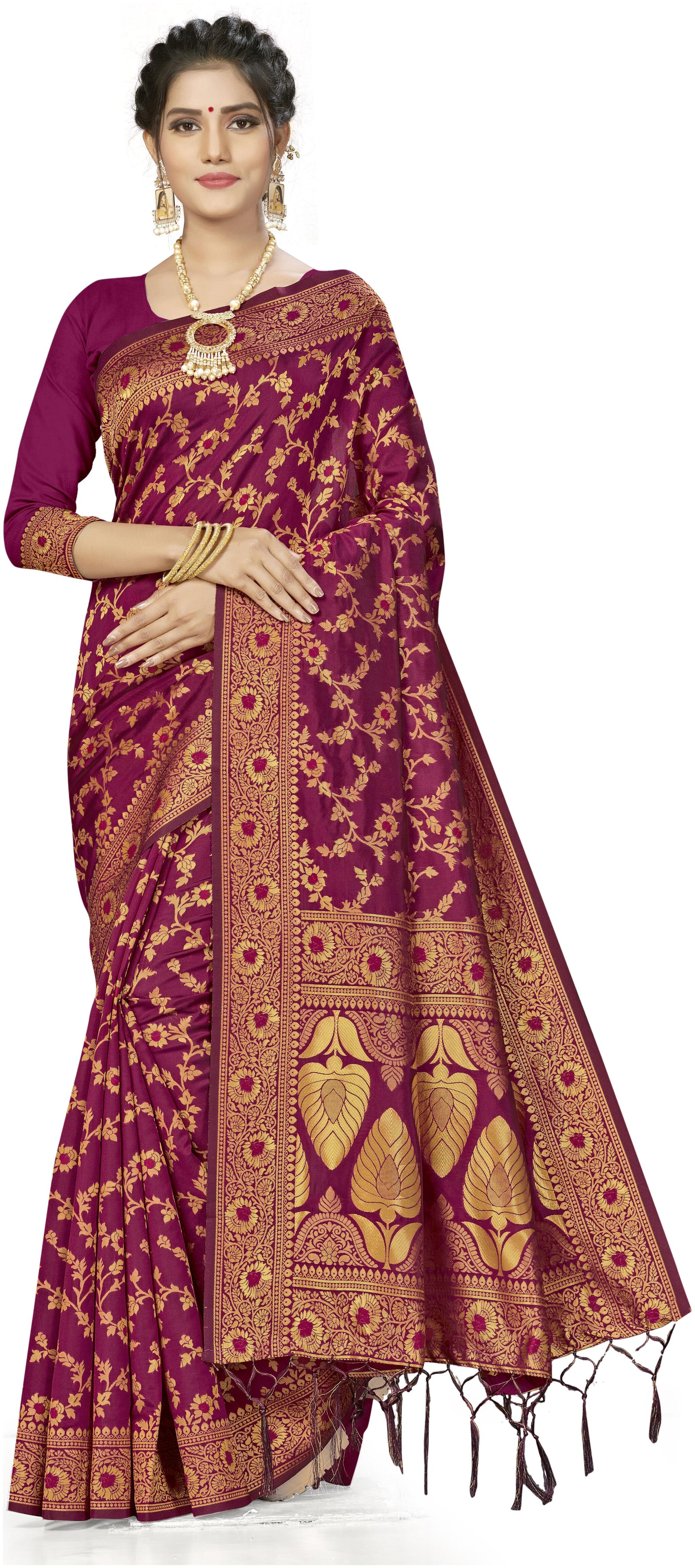 

Ethnic4U Women Artificial Silk Wine Saree With Blouse