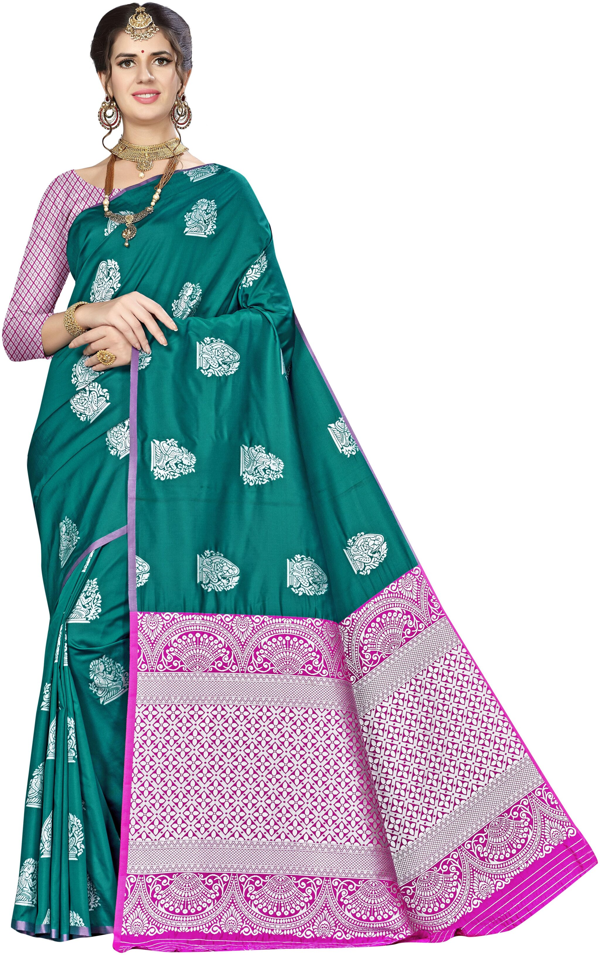 

Ethnic4U Women Turquoise Color Banarasi Silk Saree