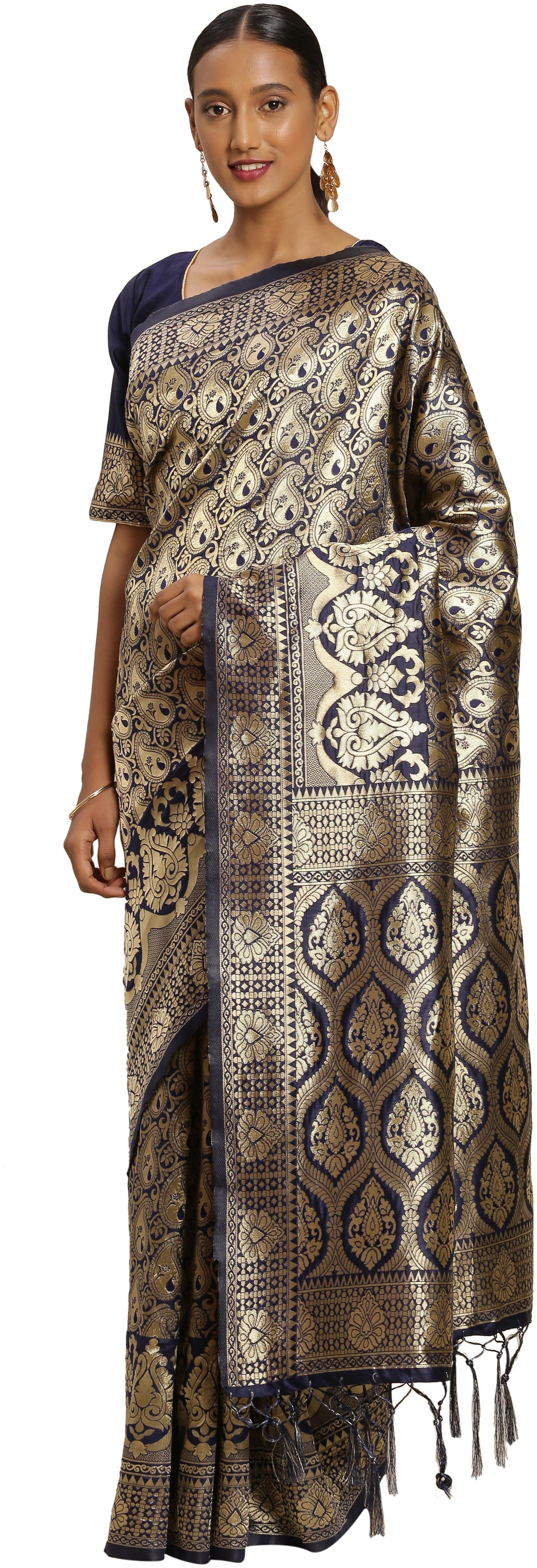 

Ethnic4U Women Artificial Silk Navy Blue Saree With Blouse